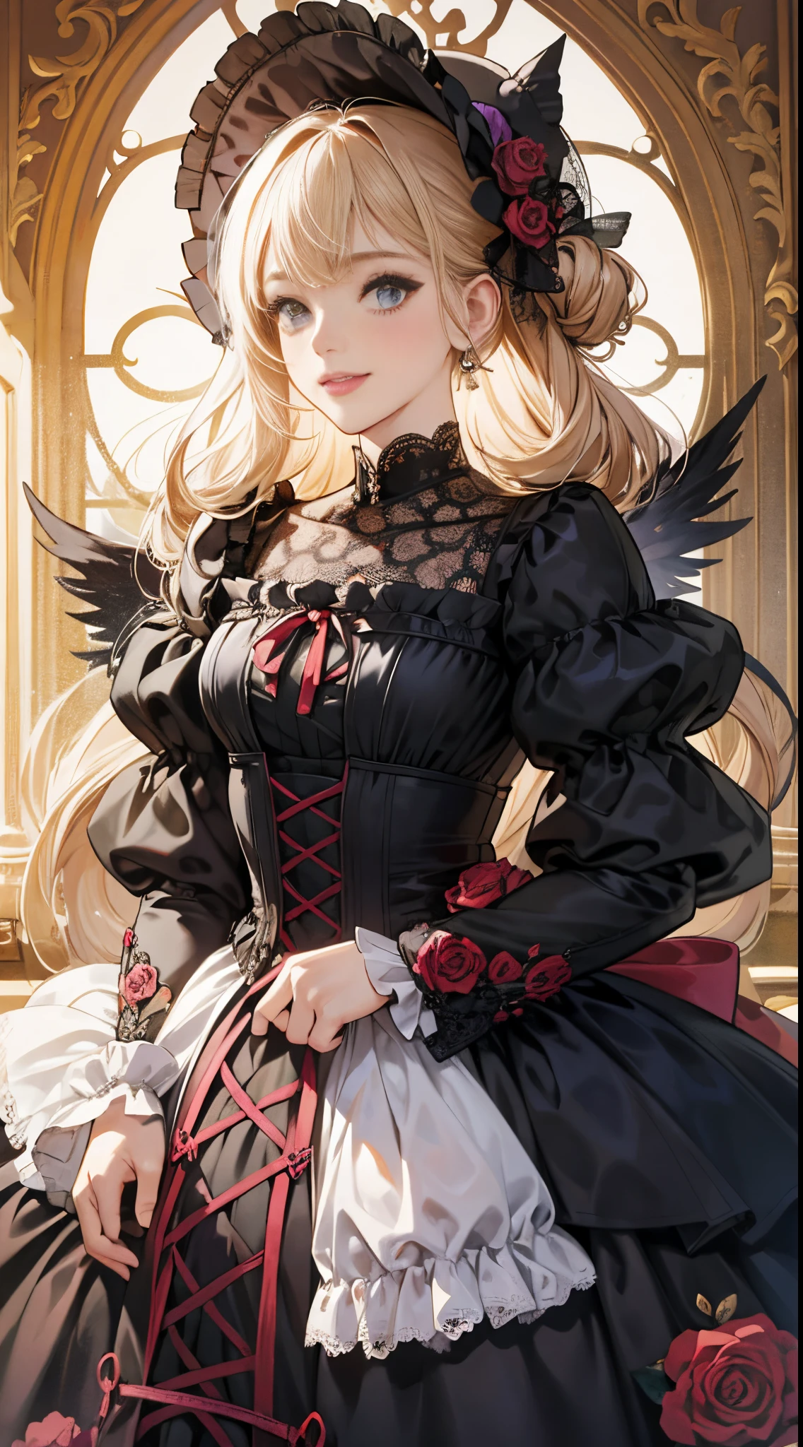 woman wearing dress and boots , baroque dress, in detailed steampunk dress, an elegant gothic princess, victorian gothic lolita fashion, Historical Baroque Dress Dark, black gothic lolita dress, fantasy style clothing, rococo dress, black rococo, classical witch, fantasy outfit, wearing a gothic dress, romantic dress, gothic dress,a blond,15yo student,(((Upper body portrait)))a smile