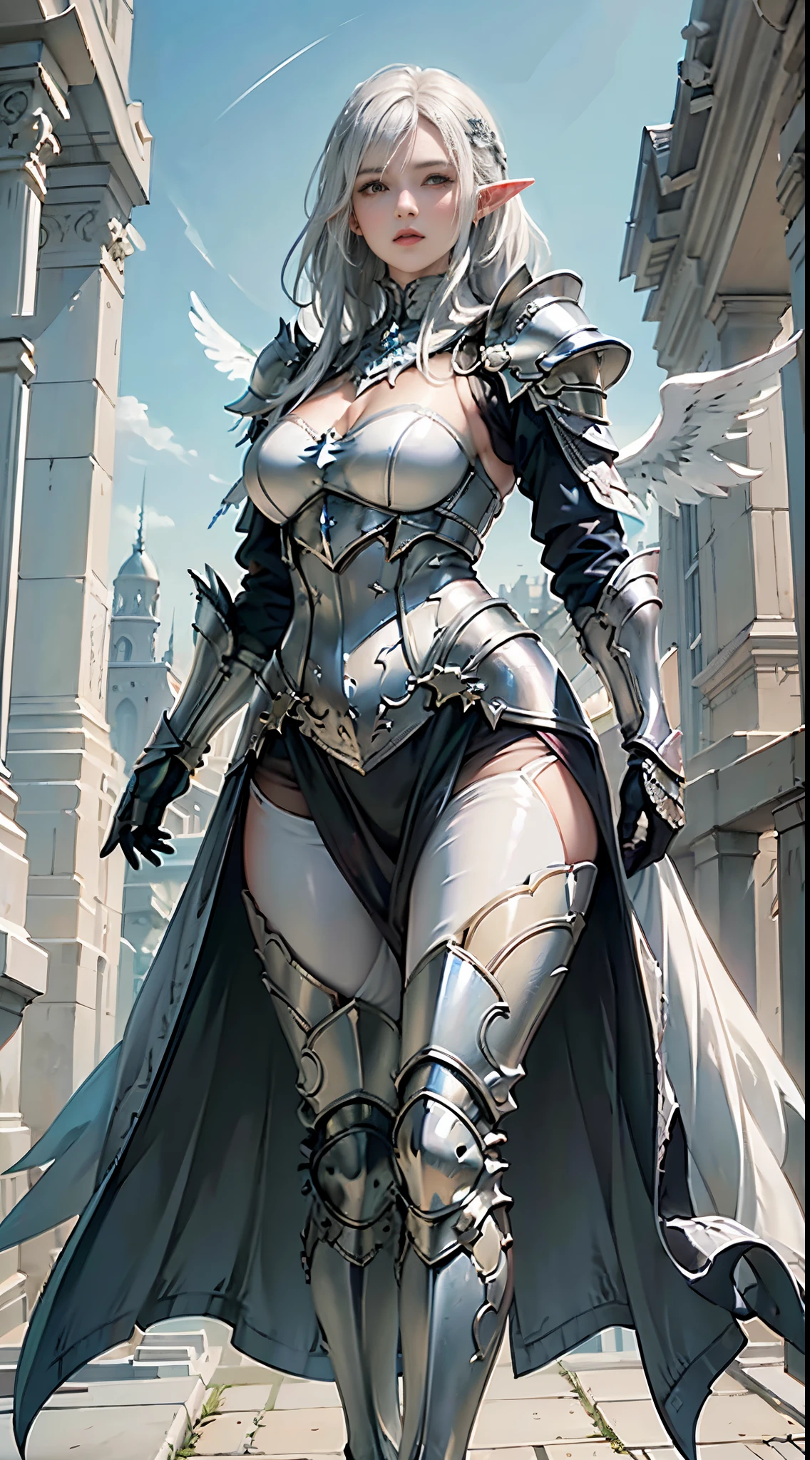 photorealistic, high resolution, (elf), 1 women, solo, hips up, look at viewer, (detailed face), white hair, ((white knight armor)), long black glovelack pantyhoses,Handsome standing with white boots, angle wings