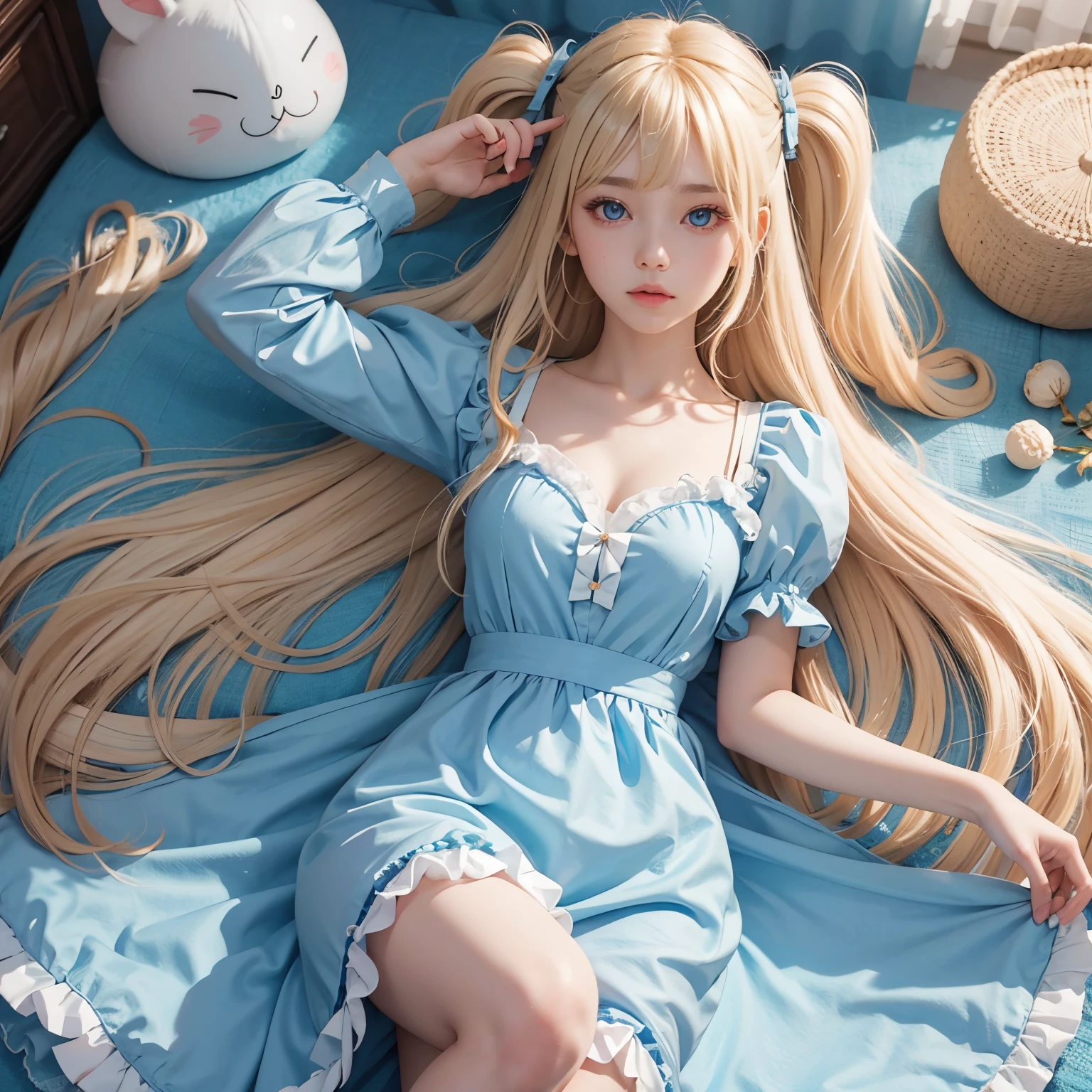 quality、超高分辨率、photore、double tails、Photos of the most beautiful girls in the world、Delicate, cute and perfect beautiful face、(Pure love face_v1:0.008)、alice in the wonderland、13yearair and shiny skin、with long bangs、Golden Shiny Platinum Blonde Extra Long Straight Hair、finer hair、with a round face、Beautiful light blue big eyeig double eyelids、eyeline、White apron、a blue dress、No makeup