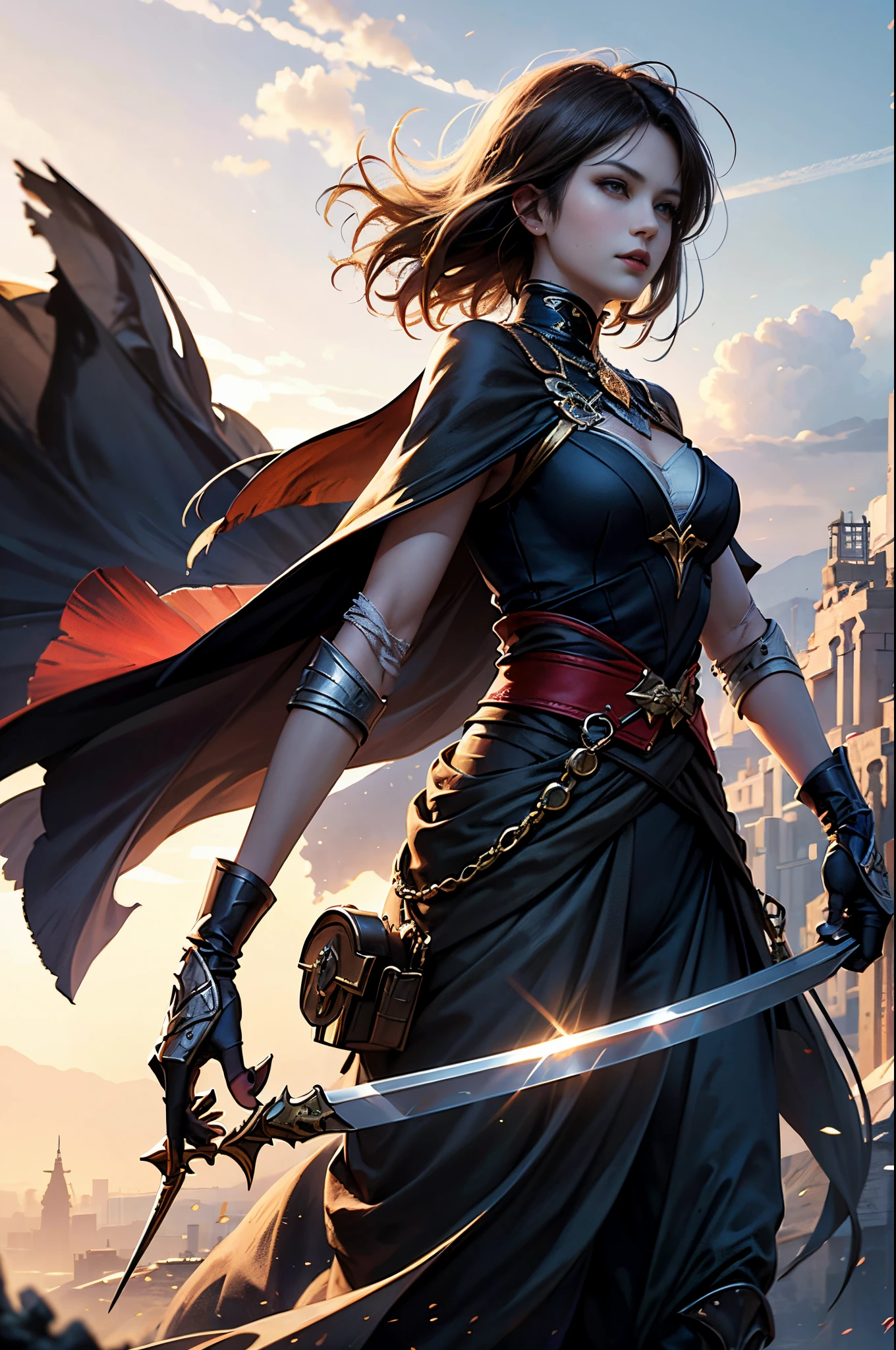 Araphed woman in black and red costume with sword, a character portrait by Yang J, cg society contest winner, Fantasy Art, epic exquisite character art, Stunning character art, redhead queen in heavy red armor, 2. 5 d cgi anime fantasy artwork, epic fantasy art style, ig model | ArtGerm, epic fantasy digital art style, Battlefield Commander, Invincible female general, brave, Awe-inspiring Hall々, extremely detailed and beautiful eyes, perfect supermodel body, Cloak wrapped in the wind, Battle Master, Veteran Warrior, incarnation of athena, Best Quality, Perfect Angle, perfect-composition, Best Shots, Official art, ciinematic light