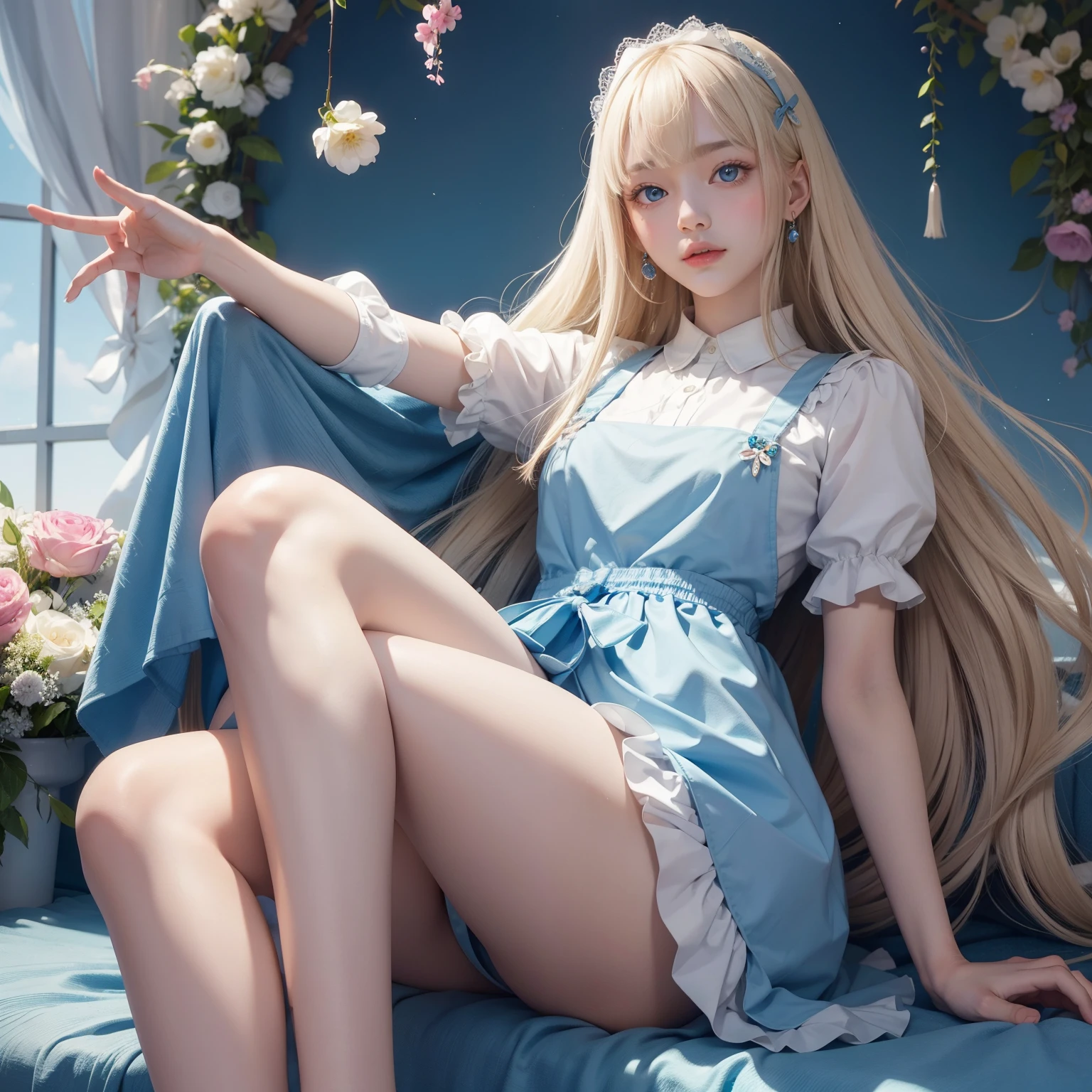 quality、超高分辨率、photore、A photo of a cute girl、Closely loved and beautiful legs、(Pure love face_v1:0.008)、beautiful bangs、alice in the wonderland、yearair and shiny skin、By bangs、Platinum blonde super long straight hair、finer hair、Charming and beautiful crystal clear blue eyes、White apron、a blue dress、No makeup