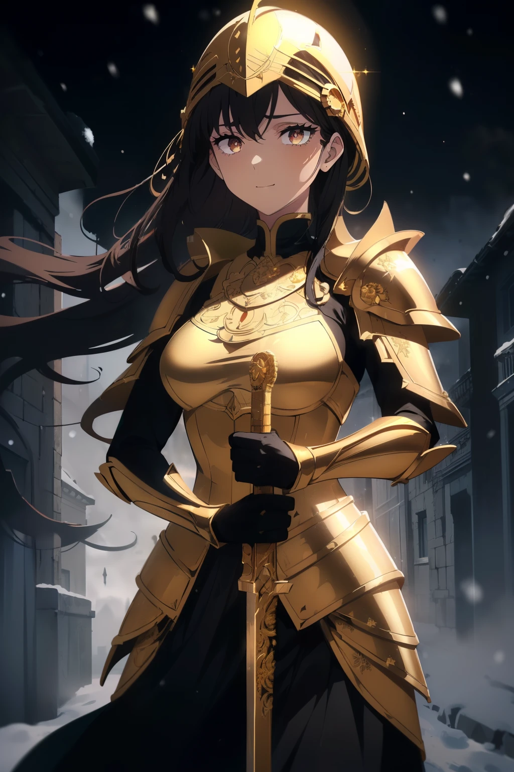 ((Obra maestra, La mejor calidad, ultrahigh resolution)), 1girl, standing, confidant stance, (((((soldier, clad in golden steel armor, golden plate armor)))), (((wearing golden roman_helmet))), (((closed golden roman helmet))), (((fierce))), (((black hair, dark black hair))), long hair cut, pale skin, ((brown eyes)), glowing_eyes, neon eyes, (ultra detailed eyes:0.7, beautiful and detailed face, detailed eyes:0.9), ((centered)), smile, ((wide shot)), facing viewer, eye level, ((vibrant background, snowy landscape, cityscape, snowing, snow)), flat chested, looking at viewer, ((half closed eyes)), ((perfect hands)), ((head:1, armored arms, hips, elbows, in view:1)), (((holding golden long_sword with black engravings on it))), feirce eyes, beautiful lighting, outside, outdoors, background, defined subject, 25 years old, (((epic))), (((cool))), ((shaded face))