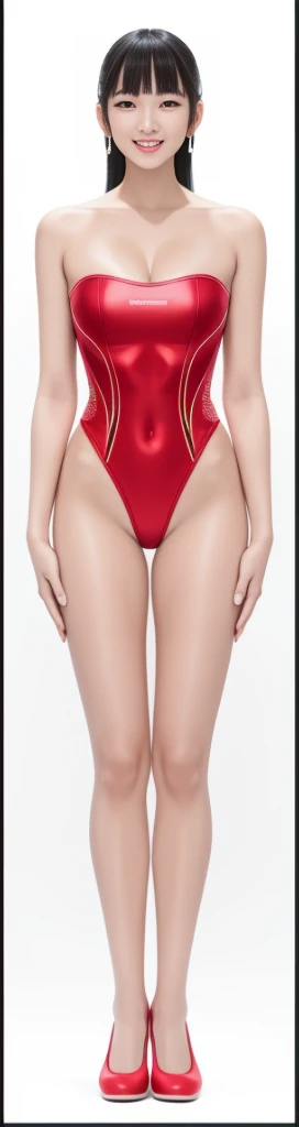 on the white background,a tall and beautiful chinese girl,with fair skin,Toothy smile,Hefty Smile,When you laugh, Your eyes are crescent-shaped,blunt bangs, hair straight,Wear a one-piece swimsuit and pumps,Swimsuits are decorated with joyful patterns, standing straight,stand firm,hands on sides,Symmetrical distribution,Ray traching,All shaded areas, led floodlights, forward light, 1.4x True-to-life Ultra HD