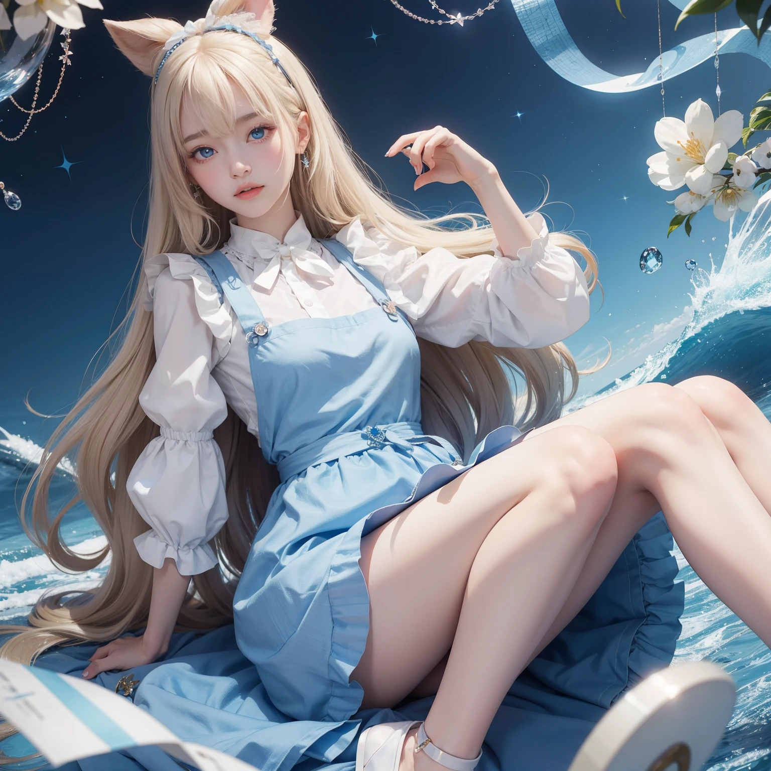 quality、超高分辨率、photore、A photo of a cute girl、Closely loved and beautiful legs、(Pure love face_v1:0.008)、beautiful bangs、alice in the wonderland、14yearair and shiny skin、By bangs、Platinum blonde super long straight hair、finer hair、Charming and beautiful crystal clear blue eyes、White apron、a blue dress、No makeup