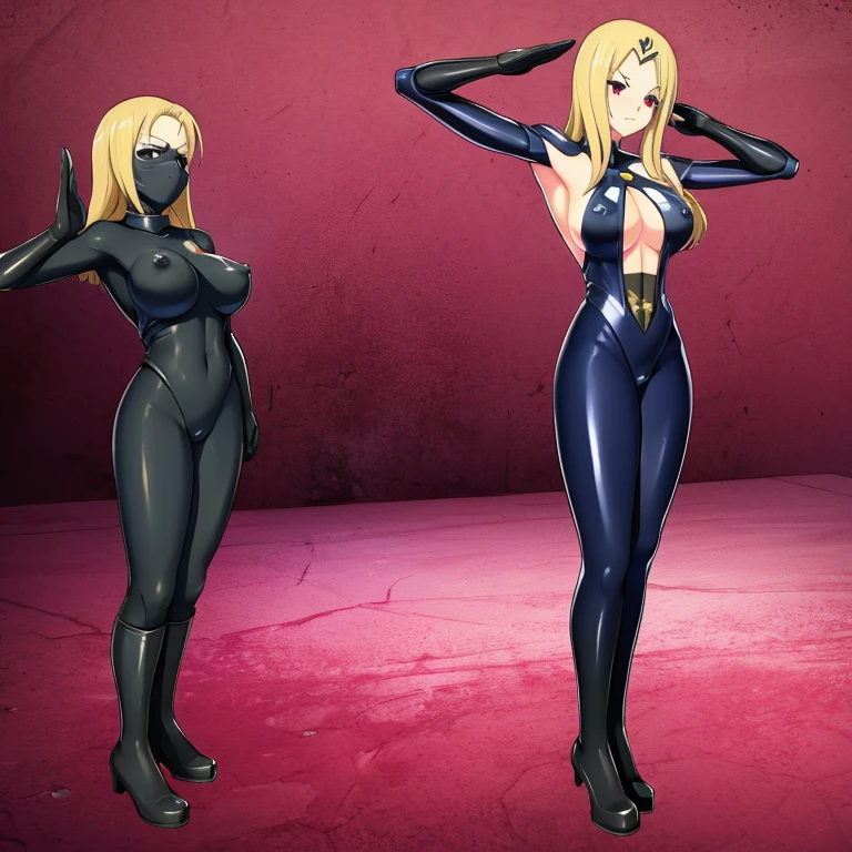 ultra-detailed, Explicit, Beautiful body, Beautiful Nose, Beautiful character design, perfect eyes, perfect face, ultra highres, 4K, beautiful legs, perfect legs, Nice hands, Perfect hand, Masterpiece, Best Quality, Highly detailed, illustration, absurdres, , girls, multiple girls, expressionless, blank eyes, looking at viewer, emotionless, black latex, corrution, mind control, female combatant, full body, hypnotized, unhappy trance, full body suit, ribbed bodysuit, both arms at side, stand up straight, obey, perfect female body, extremely glossy latex, hypnosis, hypnoLora, empty eyes, Mind control device, poses, submissive_pose, Slave, stand up straight, standing, standing at attention, extending the right arm from the shoulder into the air with a straightened hand, nazi saluting, military, military saluting, salute, right hand saluting, left hand at side, latex, ribbed bodysuit, wide hip, thicc, a curvy body, Zofa Soldier, whitemask, forehead emblem, navy blue bodysuit, no hair, whitemask, latexmask, black gloves, large breasts, covered face, Shiki, Senran Kagura, garter straps, long blonde hair, red eyes