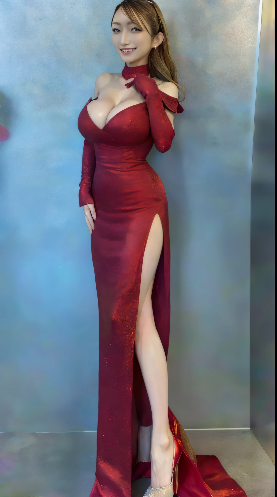 in 8K、超A high resolution、Best Quality、masuter piece、Photorealsitic、The ultra -The high-definition、(huge tit、Pretty big breasts、large cleavage、toned body:1.18)(A bright red off-shoulder party dress with a big slit、Always stand with your legs wide apart、Office in a high-rise building:1.3)(Brown Longhair、A Japanese Lady、Super cute、Cute smile:1.28)pin heels