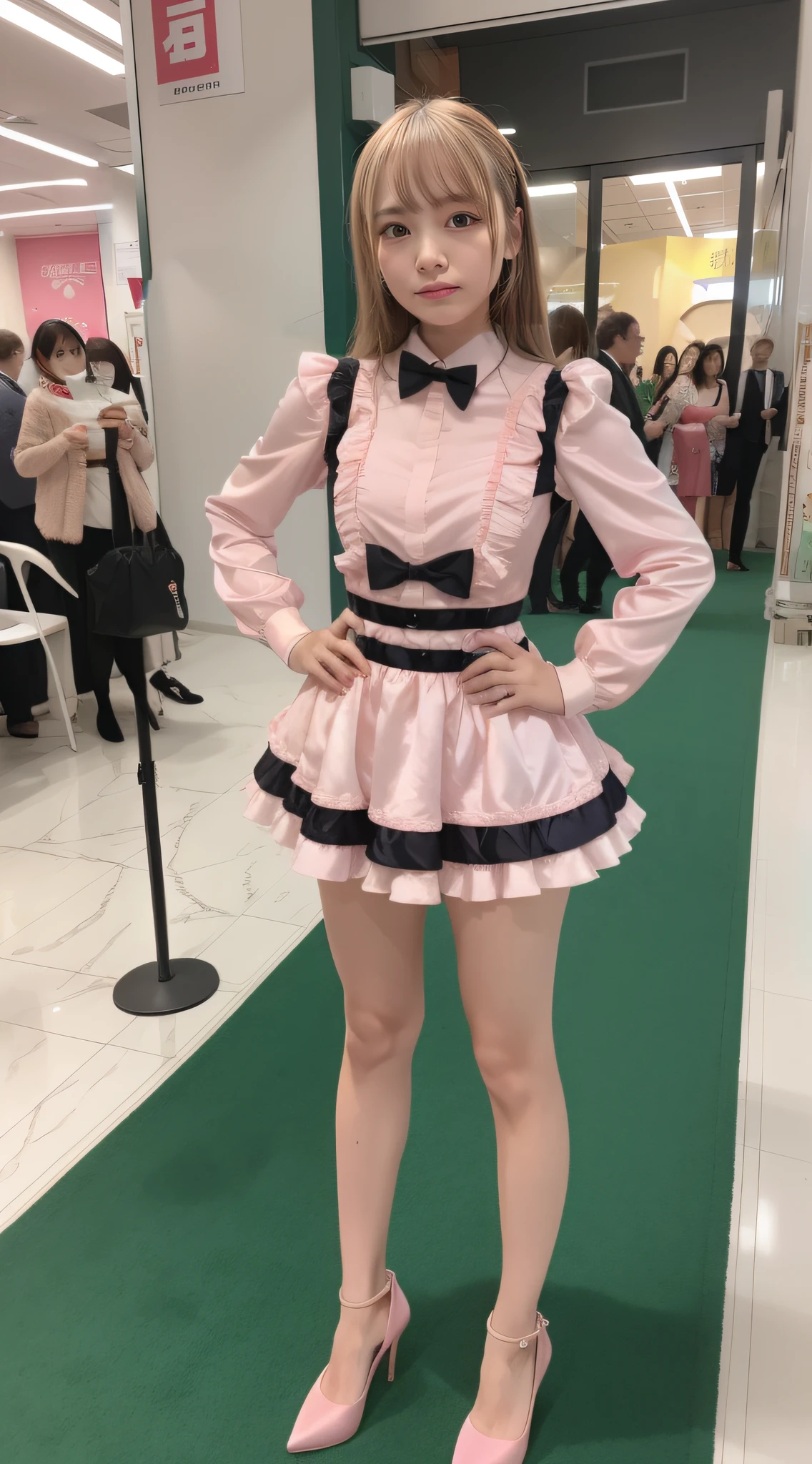 of the highest quality, Idol with slender body, front facing, Well-proportioned body, Exhibited, Event Hall, Moe Pose, pink satin lolita dress, Standing with legs open, Hands on hips, Model body type