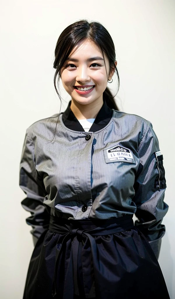 smiling asian woman in a grey and black jacket chef and black apron, with shoulder pads, wearing tight chef jacket diner uniform, avant designer uniform, jacket, avant uniform, full uniform fit body, fit body, grey jacket, work clothes, loose coat collar sailor uniform, working clothes, taken in 2 0 2 0, with two front pockets, ( waitress ) girl, 3/4 front view