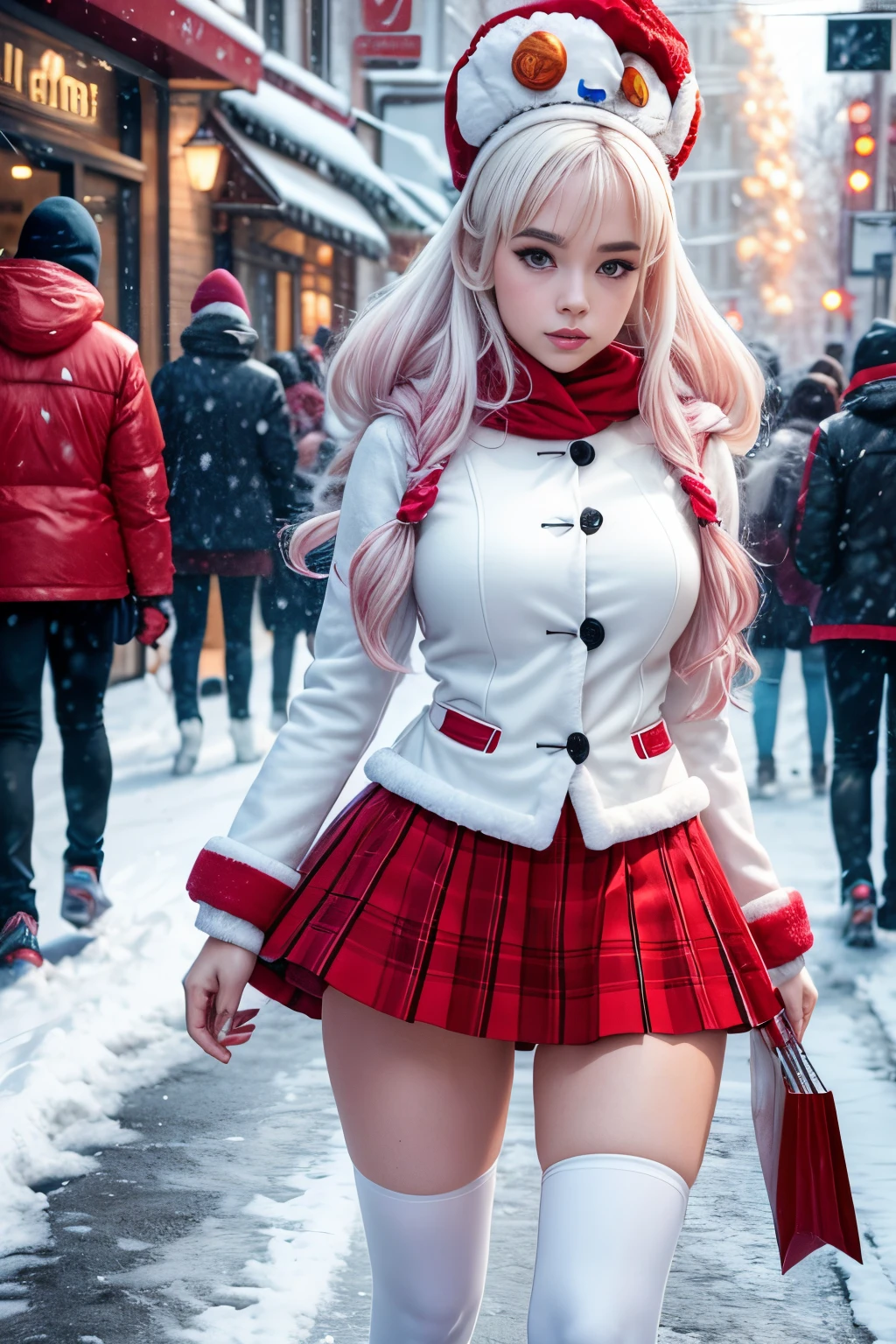 araffe dressed in a red and white outfit walking down a street, tiktok video, ava max, young beautiful amouranth, very sexy outfit, appearing in a shopping mall, amouranth, better known as amouranth, thicc, as if lisa simpson came to life, sexy outfit, doja cat, low quality video, 'winter,' snow, snowing, reine des neiges, Olaf