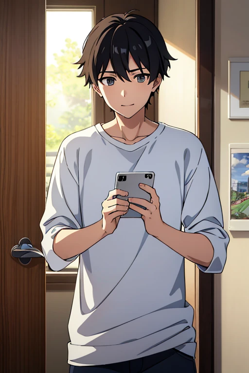 (Daily behavior of boys whose experiences with the same sex are erased:1.04)、1boy,(cool and cute boy),Naive athletic boy、unique natural man、Feeling for friends、Light brown skin, grey  eyes, Black hair、eyesight、eyes with vitality、Wear thick clothes、enjoyably、Take it easy、free and、Bright smile、hobbies are important、slim figure、Well-intentioned、fortunate、Strong luck、bad luck、many bad friends、creation、dust particles、 natural soft light、Strongest configuration、 smooth anime cg art、Anime Art、cell anime illustration、Punctuality、{Highly detailed and anatomically correct}、{{{The boys looked at their smartphones and realized they had already had experiences with the same sex.:0.3}}}