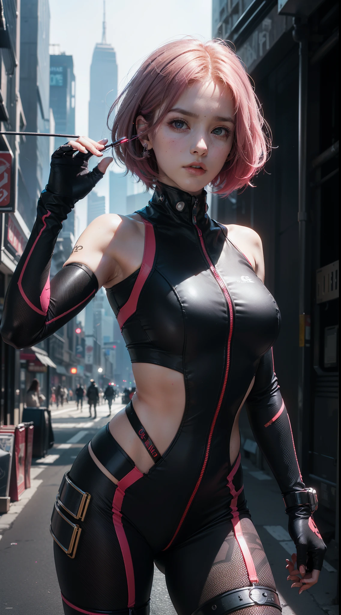 (Beautiful cyber girl)), ((Mechanical blood vessels connected to mechanical tubular vertebrae.), ((mechanical cervical attachment to the neck)), (alambres y cables que se fijan al cuello:1.2), ((masa de alambres y cables en la cabeza)), (Enfoque del personaje), (((dynamic pose))), (Obra maestra), (((La mejor calidad))), ((Ultra detallado)), (Highly detailed photorealistic CG illustration), cinematic lighting, Science-Fiction, extremadamente detallado,De color,Highest detail, Antecedentes de la ciudad cyberpunk.ojos plateados , Neon lights ,coloured hair