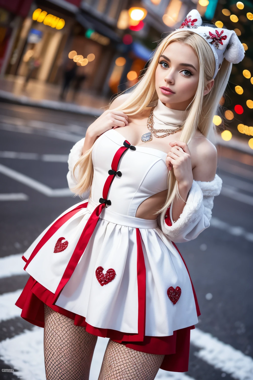 araffe dressed in a red and white outfit walking down a street, tiktok video, ava max, young beautiful amouranth, very sexy outfit, appearing in a shopping mall, amouranth, better known as amouranth, thicc, as if lisa simpson came to life, sexy outfit, doja cat, low quality video, 'winter,' snow, snowing, reine des neiges, Olaf, Captured from behind