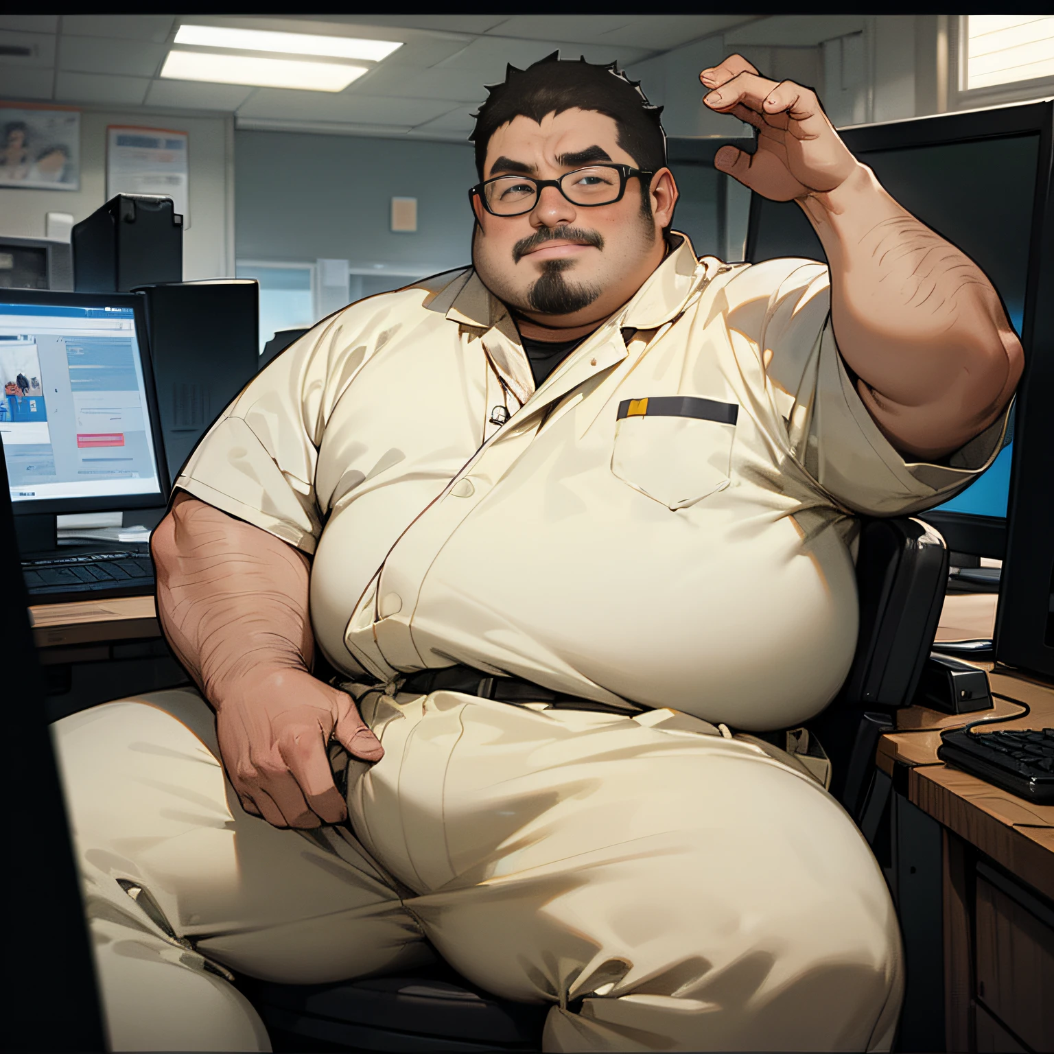 middle aged fat man staring at computer、clutching his crotch, Wear a light gray dirty sweatsuit, Short black hair, (fatness: 0.7), 30-years old, nerdy, Shy, Sitting in front of a computer screen, Spread legs, In a small dusty room, Glasses, casual thin hair, Thick neck and fatty round face, Sweating, Solo, Asian,