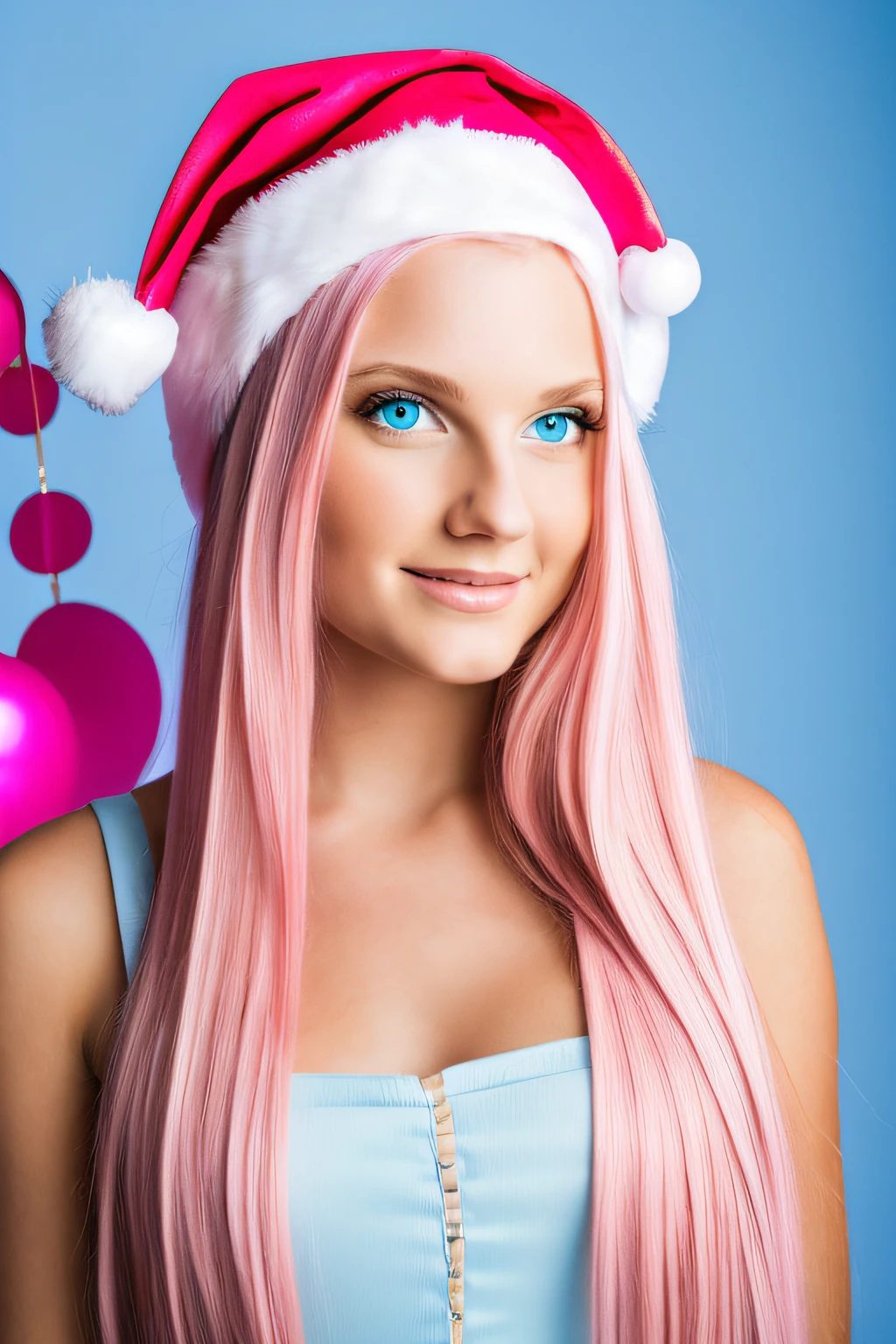 Mulher de 18 anos Seu lindo cabelo longo e rosa, she is wearing a pink Santa hat on her head, your beautiful blue eyes and natural light pink lips. Ela tem um olhar angelical, a long party-style dress in metallic pink, She's in a photography studio.
