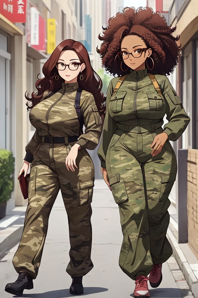 masutepiece, Best Quality),Detailed face, Detailed eyes, eye glasses、big afro、Forehead、large earring、 Curly hair, Large breasts, Big butt、Plump、Elegant woman, camouflage jumpsuit, Wide pants、Homework、Walking、Full body