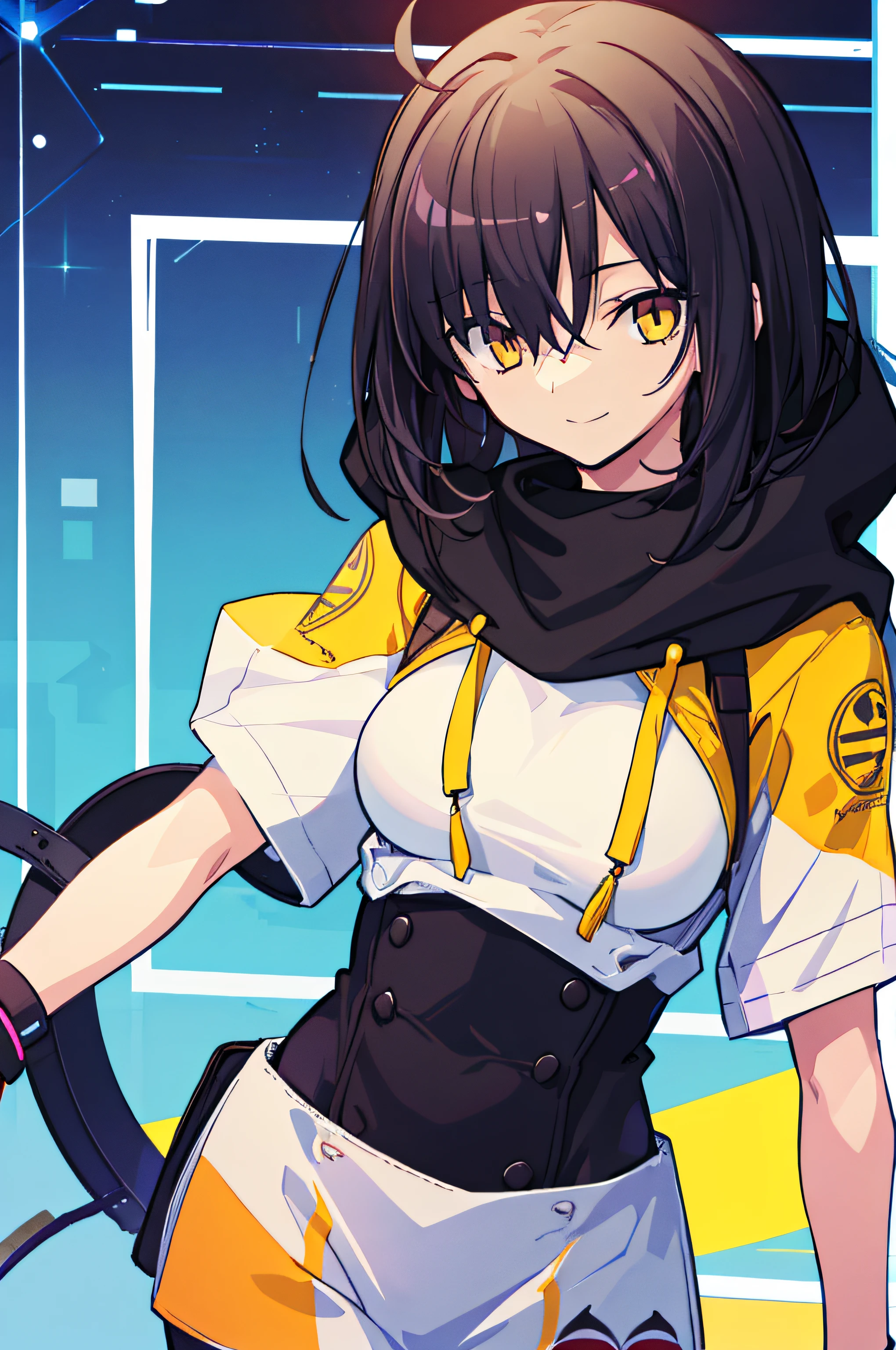 superfine illustration,1girl in,((simple background)),Hair over one eye,Standing,Tachi-e,Cowboy Shot,Hoodie,Black hair,Yellow eyes,Large breasts,lite smile