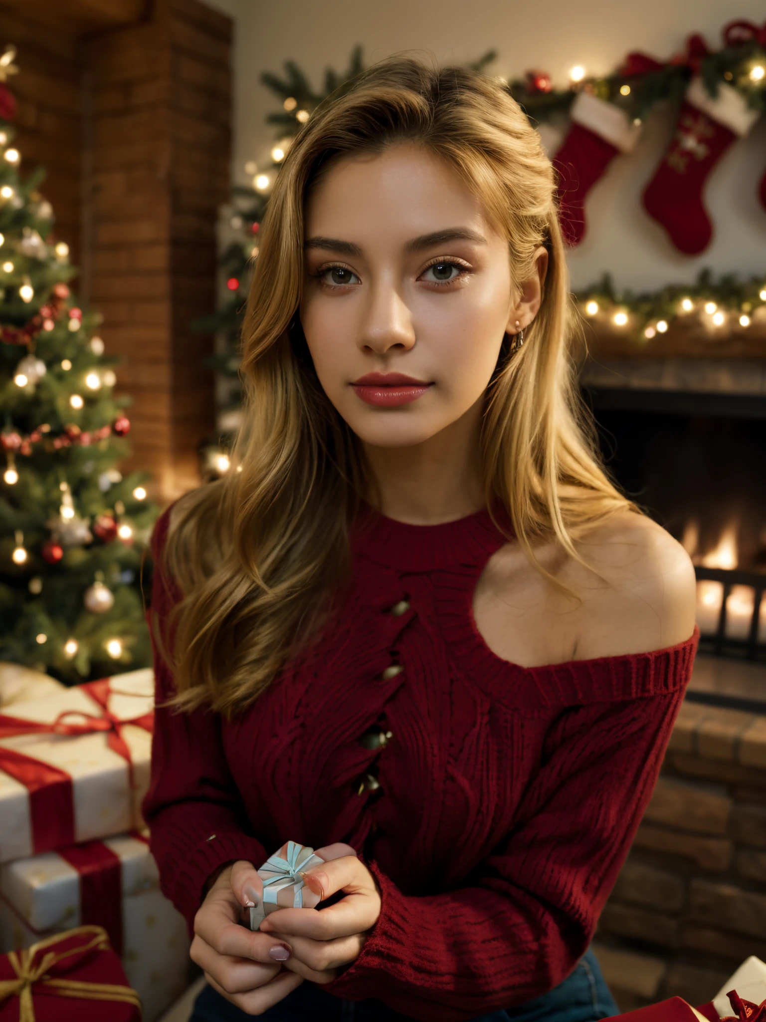 1个Giant Breast Girl, jewely, Blonde hair, red sweater, Alone, looking at viewert, Sweaters, long whitr hair, 耳Nipple Ring, Christmas tree, gifts, hands holding gift box,Indoors, fuzzy, vague background, sitted, actual, christmas, desks, gyuru, box,Gift box,  christmas ornaments, fireplace, longer sleeves, Ccup，ssmile