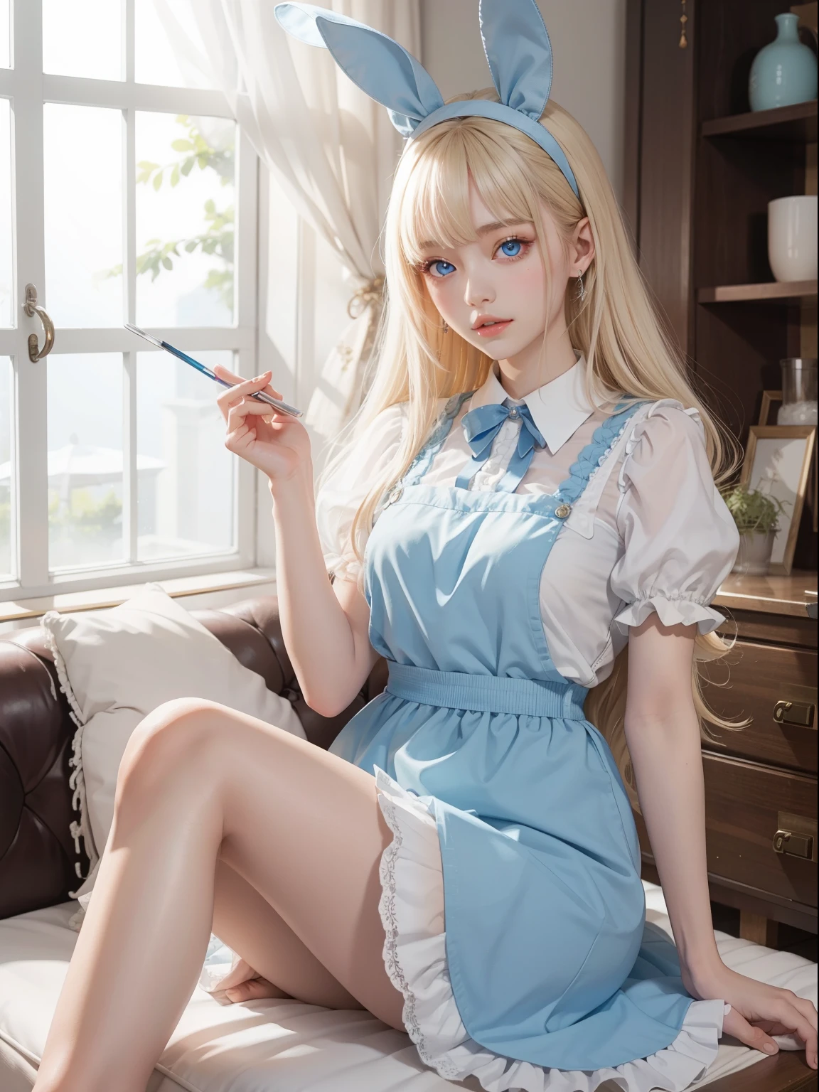 quality、超高分辨率、photore、A photo of a cute girl，rabbitears、Closely loved and beautiful legs、(Pure love face_v1:0.008)、beautiful bangs、alice in the wonderland、14yearair and shiny skin、through bangtra long platinum blonde hair, Straight and silky smooth hair、finer hair、Charming beautiful crystal clear blue eyes、White apron、a blue dress、and makeup