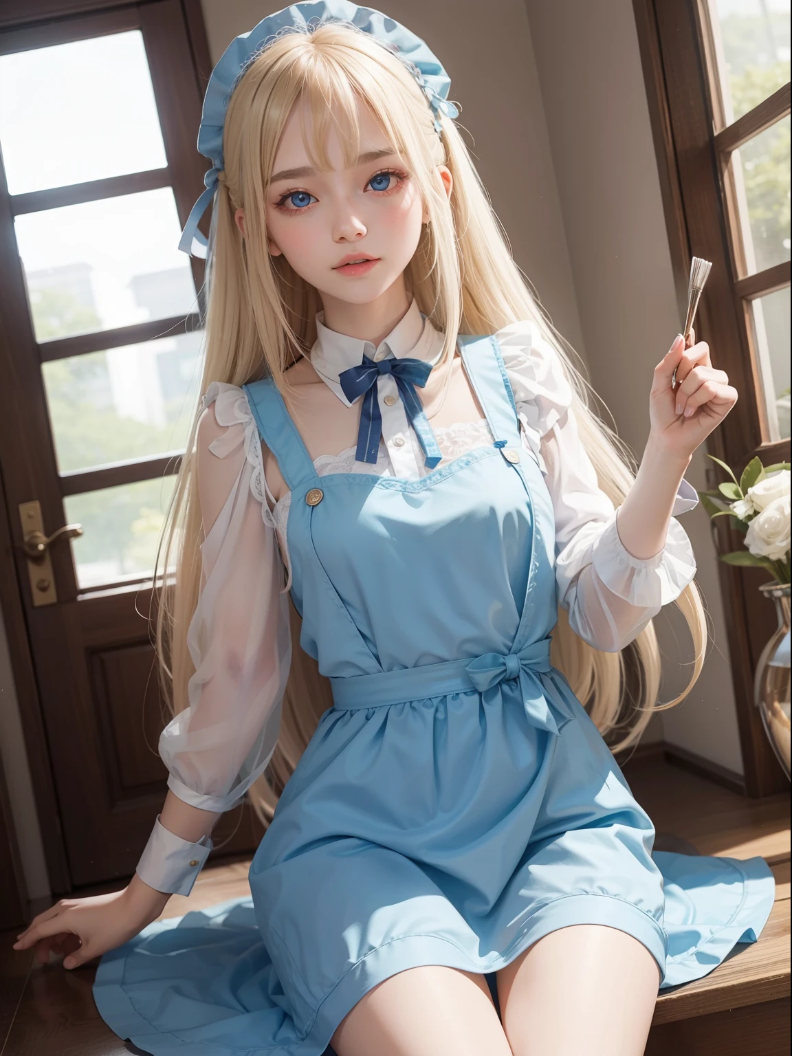 bright expression、photorealisim、top-quality、超A high resolution、a picture、絶妙に美しい北欧生まれの女の子のa picture、Extraordinary beautiful girl、Detailed cute and beautiful face、(pureerosface_v1:0.008)、Beautiful bangs、alice in the wonderland、18year old、Glowing white shiny skin、Flow of hair that extends to the face、Bangs between the eyes、Super long hair、Attractive light and dark platinum blonde super long straight silky hair、finer hair、Attractive glowing beautiful bright clear light blue big eyes、White Apron、Yellow dress、eye liner、Double eyelids、Lush bust、2 girls in、Cat's ears、great laughter、a short skirt、White lace underskirt、Pink panty、