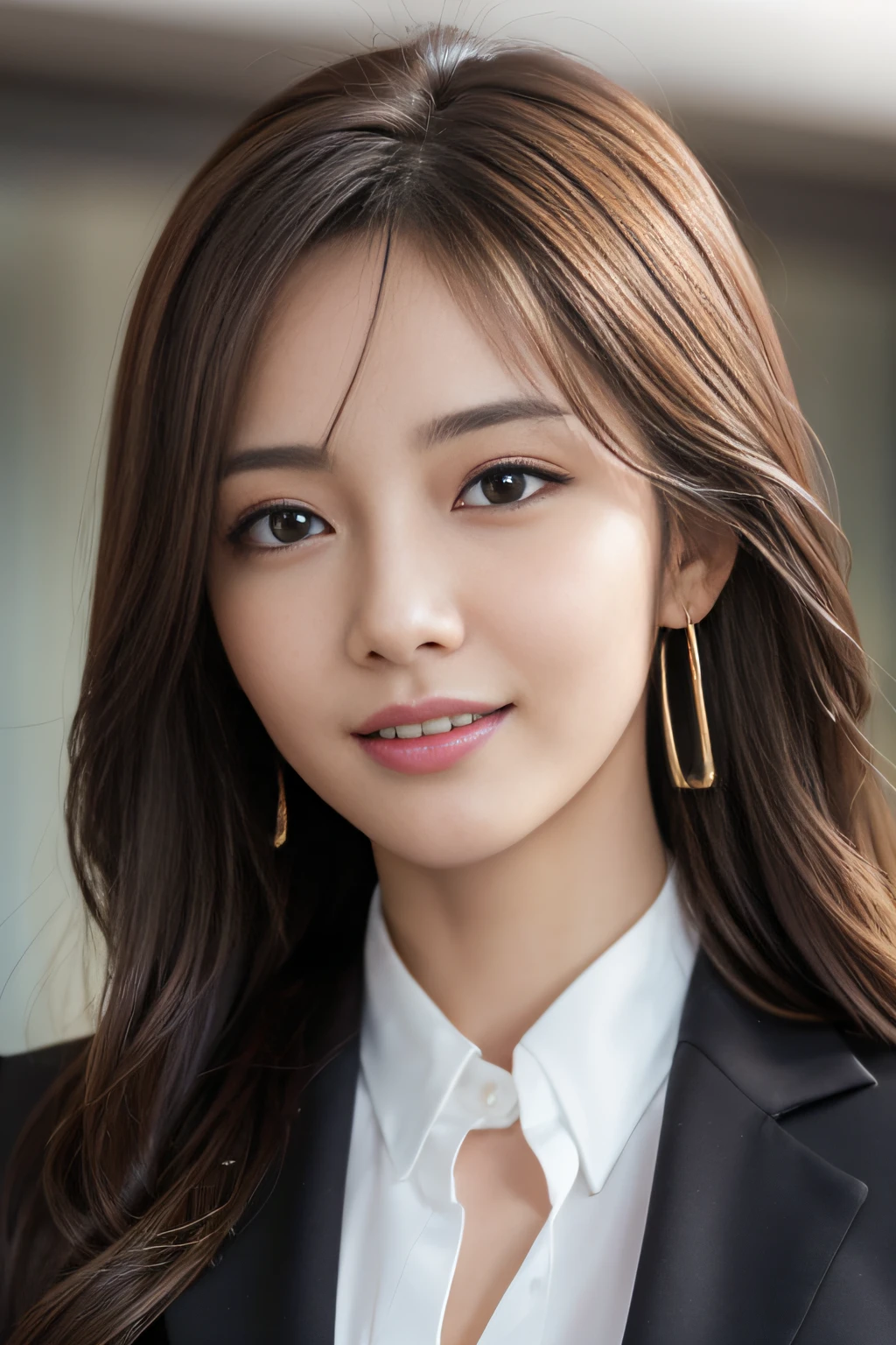 masutepiece, Best Quality, Photorealistic, Ultra-detailed, finely detail, High resolution, 8K Wallpaper, 1 beautiful woman,, light brown messy hair, in a business suit, foco nítido, Perfect dynamic composition, Beautiful detailed eyes, detailed hairs, Detailed realistic skin texture, Smiling, Close-up portrait, Model body type