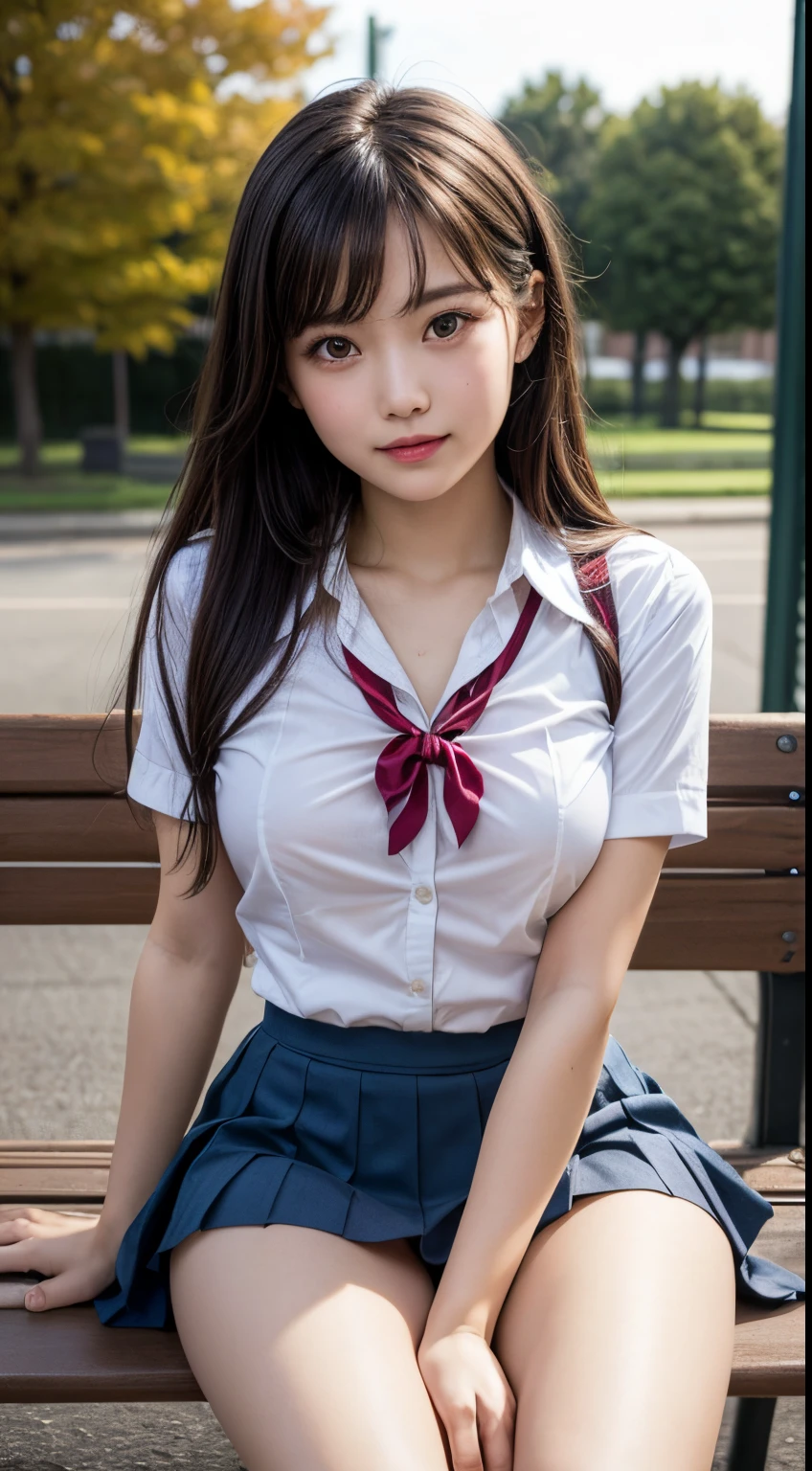 1girl, extremely cute face, (highly detailed eyes, highly detailed face), (hyper-realistic, hight resolution), (best Quality:1.4), Raw photo, (Realistic, Photorealsitic:1.37), Professional Photography, Cinematic Light, (lace bra:1.25), (amazing breasts:0.7), (school uniform, pleated mini skirt:1.3), (school uniform with open breasts:1.1), (no panties:1.4), Smile slightly, Sitting, spread your legs wide, Staring at me, outdoor, park, bench, dazzling lighting,