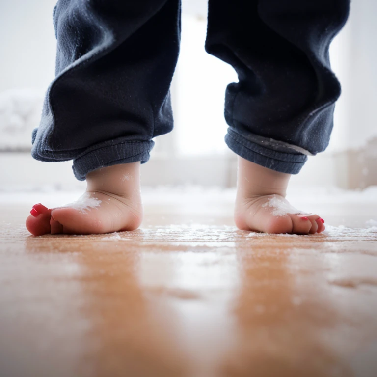 Ultra-realistic, photo-like images,very cold winter,Snowy landscape,A 3-year-old child&#39;s bare feet are on the floor.,Foot image only