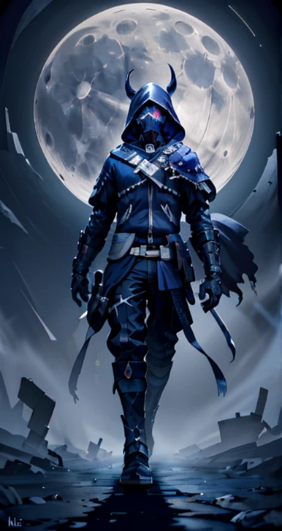 Surreal landscape in moonlight, Features a hooded silhouette and faceless features. Glowing glyphs and symbols enhance the silhouette, This is emphasized by the character&#39;s large hood and long claws.