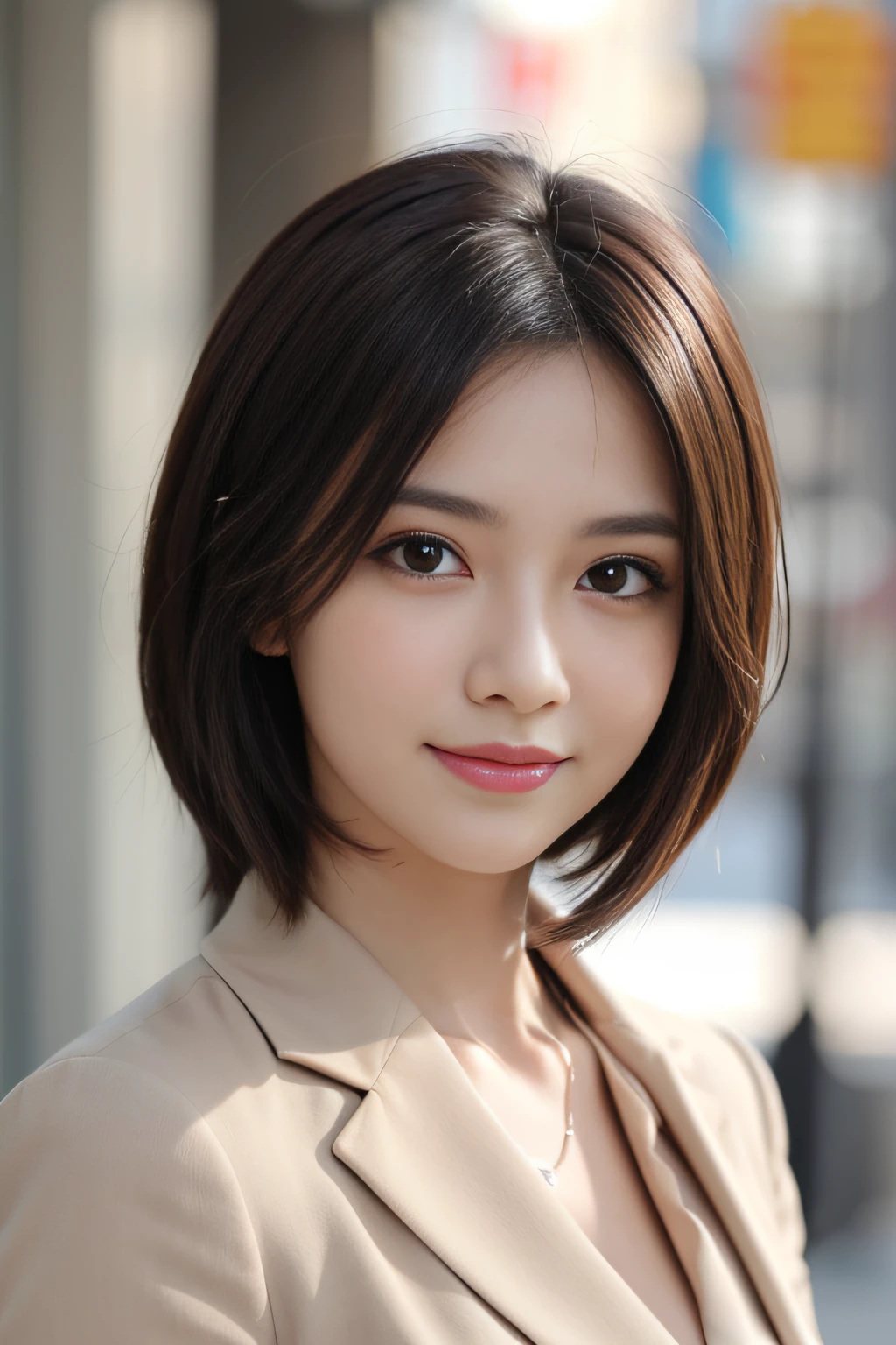 masutepiece, Best Quality, Photorealistic, Ultra-detailed, finely detail, High resolution, 8K Wallpaper, 1 beautiful woman,, light brown messy hair, in a business suit, foco nítido, Perfect dynamic composition, Beautiful detailed eyes, detailed hairs, Detailed realistic skin texture, Smiling, Close-up portrait, Model body type