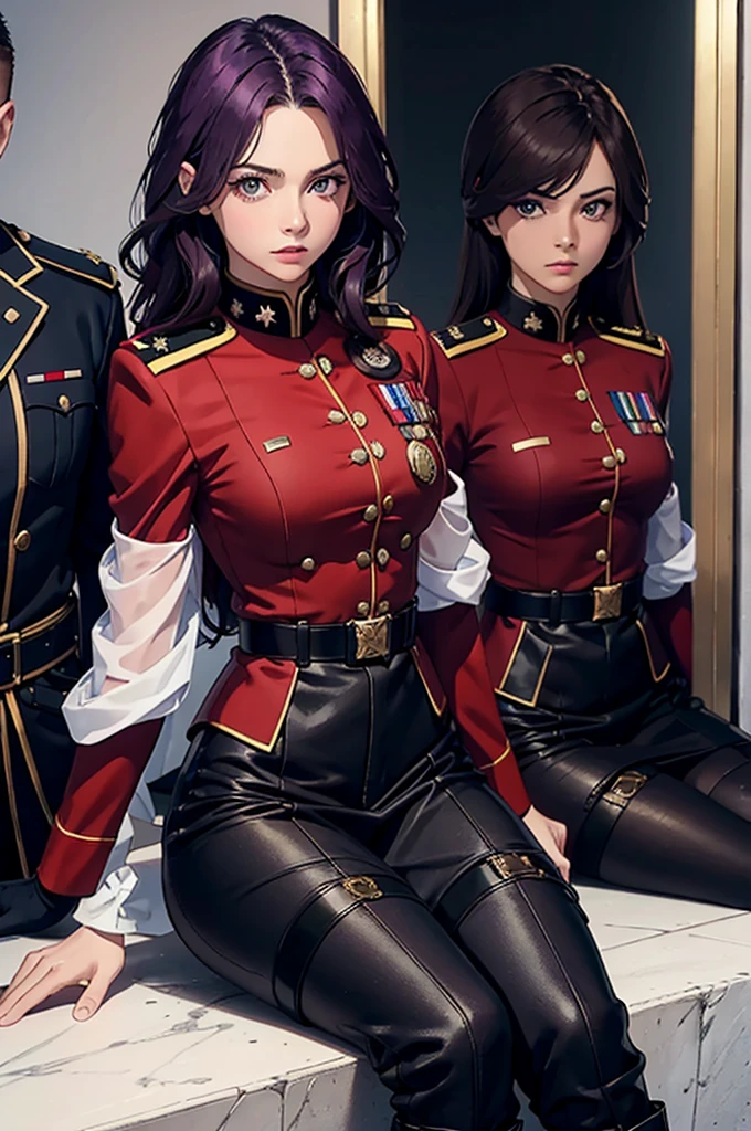 General militar,mujer,cabello morado reflejo rojos,el traje militar tenga hombreras rojas,que sea hermosa,con ojos rojos,botas rojas con detalles morados,que el traje sea blanco,con una mirada seria.