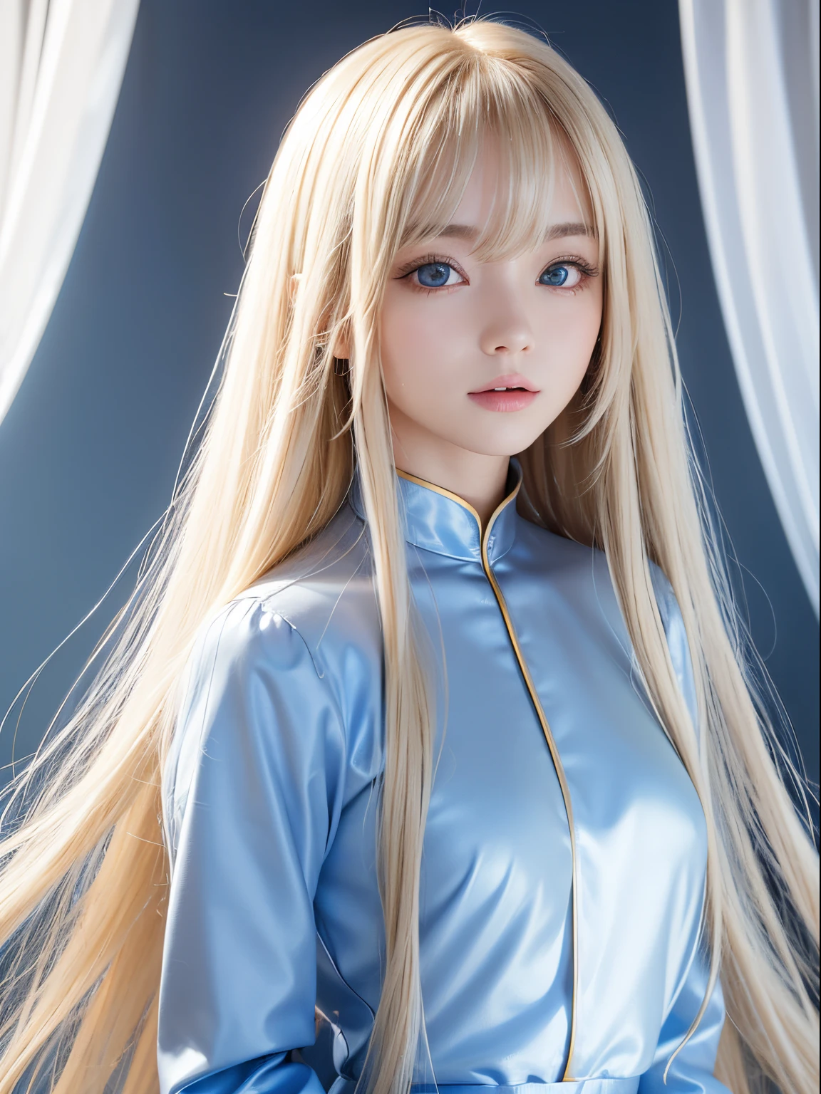 solo girl, 校服, blue-sky, bright and beautiful face, Skin is young, shiny, fair and shiny, best appearance, Golden hair reflects the dazzling light, Beautiful platinum blonde extra long silky straight hair with shiny shine, with long bangs, very beautiful 17 years old, Big eyes shining with transparent light blue light, beautiful wonderful beautiful girl