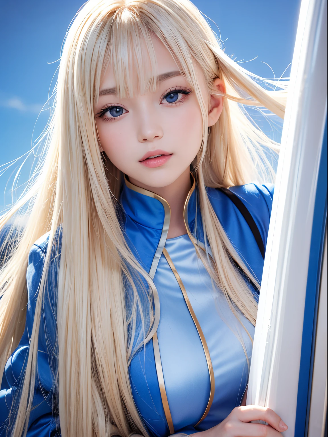 solo girl, 校服, blue-sky, bright and beautiful face, Skin is young, shiny, fair and shiny, best appearance, Golden hair reflects the dazzling light, Beautiful platinum blonde extra long silky straight hair with shiny shine, with long bangs, very beautiful 17 years old, Big eyes shining with transparent light blue light, beautiful wonderful beautiful girl
