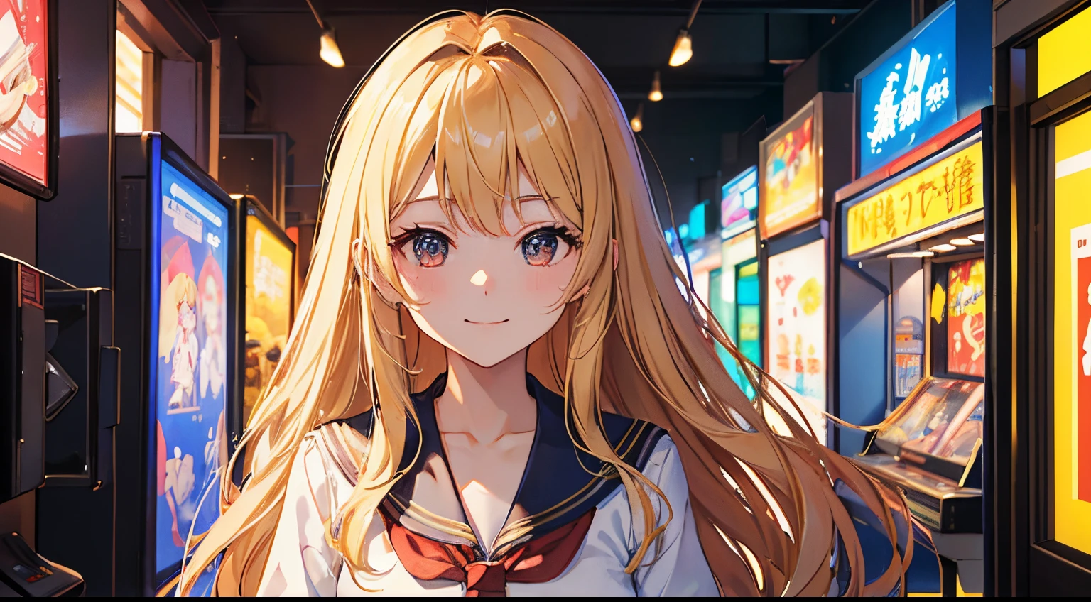 Arcade Game Center,masterpiece,Top image quality,hight resolution,Mabayashi Kitagawa,,Beautiful fece,blonde hair,long hair down to the back,summer sailor uniform,jewely,耳环,red tie、girl with、black eyes、Tsurime girl,very smiling、face close-up