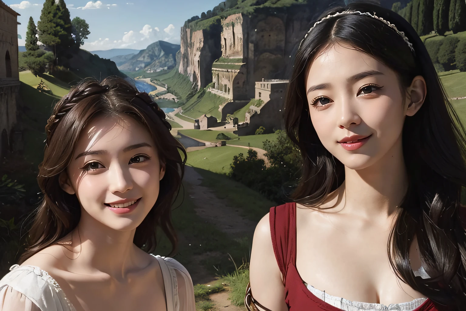 Ancient Roman landscape in the style of Poussin,A smile,,Sweet and seductive appearance.、Caravaggio's paintings、Chiaroscuro of Caravaggio、Hair disheveled in the wind,Two women frolicking,Cute smile, Expression of ecstasy,A sexy,erotick