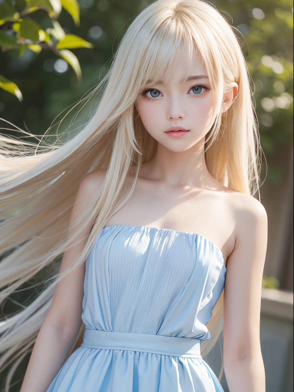 solo girl, 校服, blue-sky, bright and beautiful face, Skin is young, shiny, fair and shiny, best appearance, Golden hair reflects the dazzling light, Beautiful platinum blonde extra long silky straight hair with shiny shine, with long bangs, very beautiful 17 years old, Big eyes shining with transparent light blue light, beautiful wonderful beautiful girl