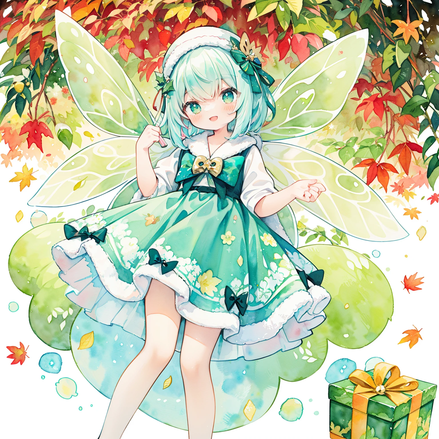 Transparent watercolor,Copic Art,green and red background,(PastelColors:1.3)、(Cute illustration:1.3)、(watercolor paiting:1.1)、(A girl wearing fairy wings made of autumn leaves：1.8),with a cat,Christmas Backgrounds:1.3,（lift a large gift box：1.5）,glitter、Falling from the sky,Head down, feet up, ,ultra wide-angle ,Detailed background、Smile with open mouth、Beautifully detailed、Moya、colourfull、marble、Particles of light、patterns、