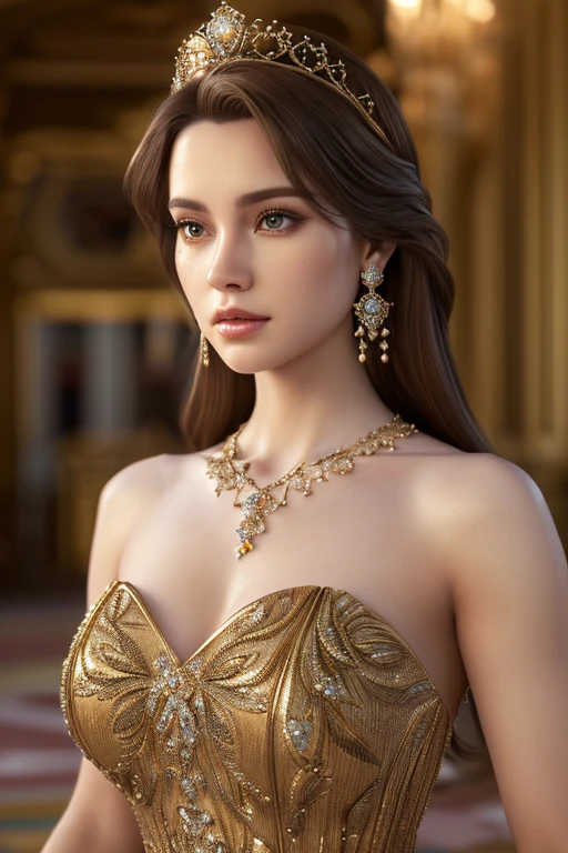 ((Realisticity: 1.2)), ((The highest resolution: 8K UHD)), Best Quality,masutepiece,hight resolution,nffsw, ((1 super detailed and ultra-realistic girl)), ((The dazzling of a very beautiful queen, Super realistic, and ultra detailed)),((White skin, Beautiful, Smooth, zora々Right, hyper realistic and hyper detailed )), Long hair, ((Ultra realistic and ultra detailed dresses)), Solo, ((Super realistic, Super beautiful, Gorgeous and ultra-detailed jewelry)), ((Super beautiful, Super realistic and super detailed dark red and golden yellow dress)), ((Super beautiful, Super realistic, Ultra Detailed Diamond Filled Earrings)), ((Super beautiful, Ultra-realistic and ultra-detailed diamond-filled hair ornament)), ((Super beautiful upper body, Super beautiful, hyper realistic and hyper detailed)), ((Oversized, Ultra-realistic and ultra-detailed royal palace background)) ((Super beautiful, Super beautiful, Ultra-realistic and ultra-detailed hair van)), ((Super beautiful, Ultra-realistic and ultra-detailed brown hair)), Candid, photograph, High resolution, 8K,Bokeh,