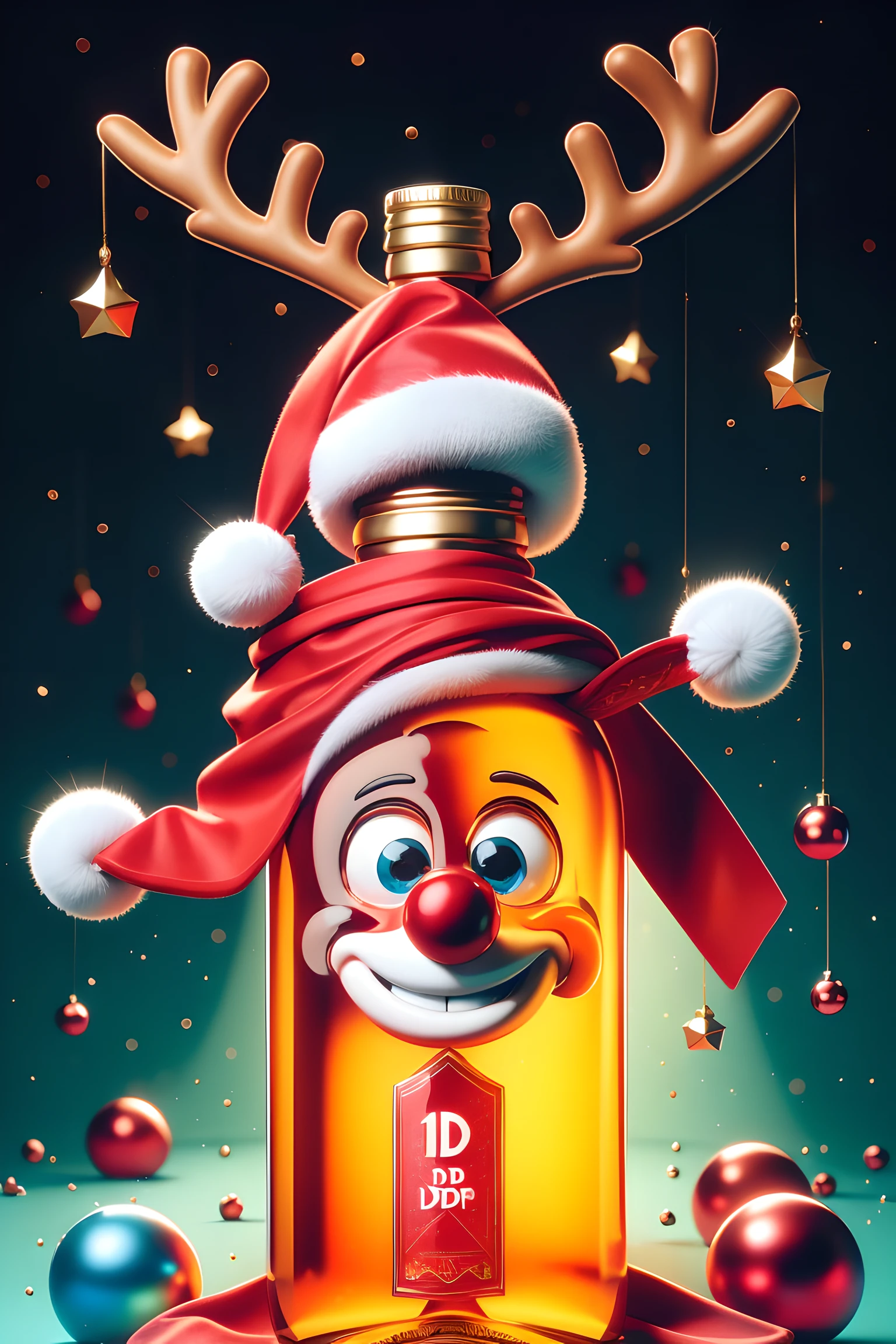 (unbr1dl3dsp1r1t style: 1.4) bottle, christmas ornaments, sparkles, reindeer, snowy, floating particles, blue gradient background
