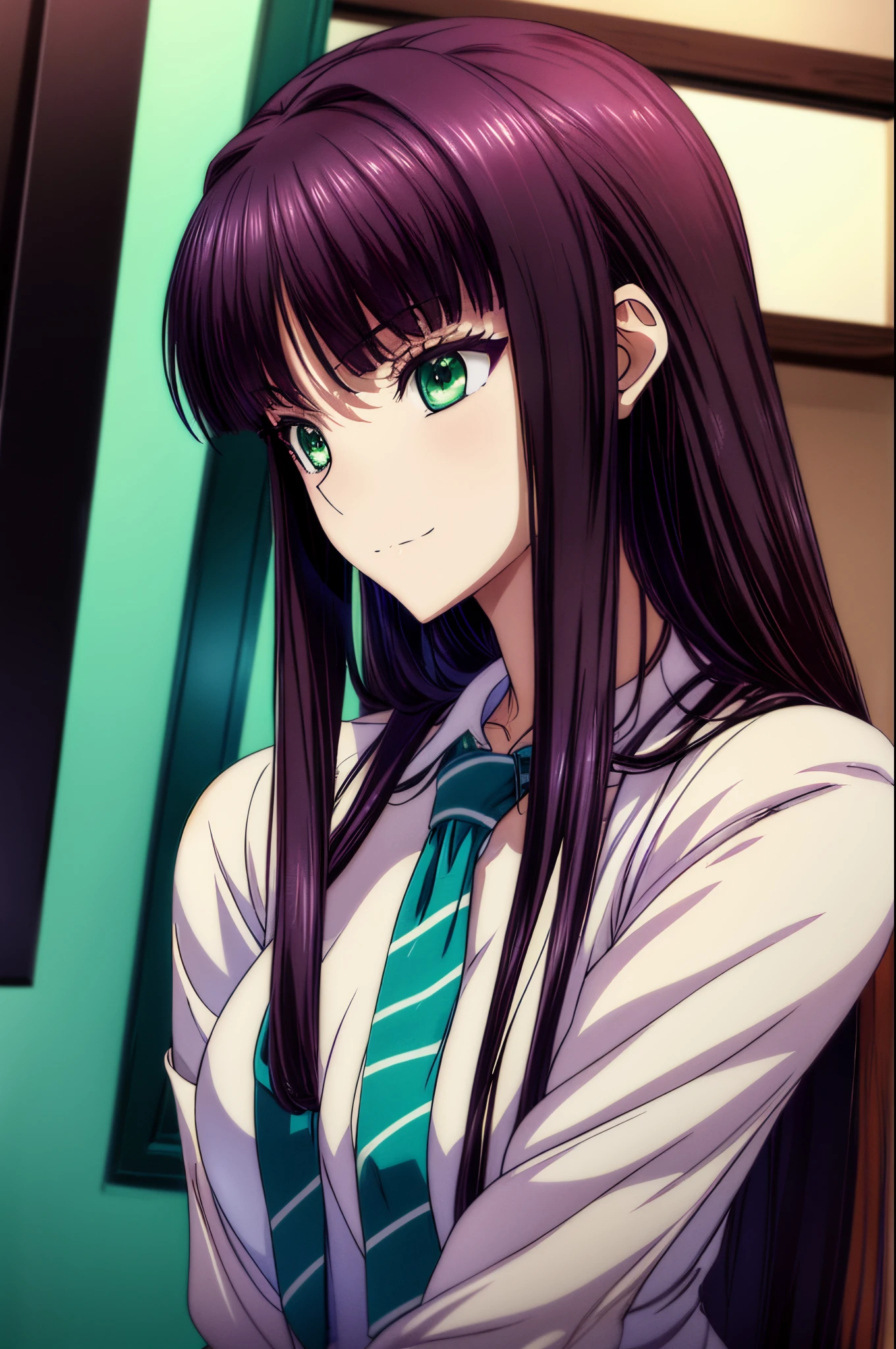 Anime girl staring at something with green eyes, closeup Iwakura Lain, in the anime film, Anime visuals of cute girls, anime movie screenshot, close up of a young anime girl,An anime girl with red-purple hair and a black tie is staring at something., a closeup,anime movie screenshot, Bottom Angle, Beautiful girl anime visual, Smooth Anime CG Art,anime portrait,beautiful anime high school girl,A seductive anime girl, anime visual of a young woman, Anime Best Girl, anime girl with long hair and green eyes,A seductive anime girl, nffsw,hiquality,Connect ticker and 8K, hight resolution,Very detailed CG, High quality shadows, Detail Beautiful delicate face, Detail Beautiful delicate eyes,BREAK(Wallpapers with highly detailed 8K),(Highly detailed CG 8K wallpaper),Makima (chain saw man),Sukasaha (Fate/grand order),Shimohira Reihua ,Hi-Res,Very delicate and beautiful CG illustration,top-quality,beautiful thigh,big breasts thin waist,(((masutepiece))), (((Best Quality))),8K,32K,​masterpiece,beautiful alluring anime woman,ultra-definition,ultra-detailliert,hight resolution,a hyperrealistic schoolgirl,masuter piece, Best Quality, High quality, High Definition, high quality texture, high quality shadow, high detailing,finely detail,A teenage girl,1girl in,High school students,Solo,Soio,Only one person,Alone,One Person,taki,Mature atmosphere,Leg length,neat and long legs,8 Head Body,stature:171cm,Mature girls,Reddish-purple hair,Reddish-purple hair,Purple hair,cassis colored hair,silky and smooth hair,Colorful hair,Straight hair,Smile,Cool Beauty,Beautuful Women,Neat face, Beautiful realism,Seductive look,Bewitching look,serene expressions,beautiful hairl,She wears a necklace around her neck,Necklace,bead necklace,magatama accessories,A slight smil,Colorful eyes,green colored eyes,Jade-colored eyes,beautidful eyes,Bright eye,Delicat eyes,Eyes Like Gems,Jade Eyes,Hanging eyes,(Green eyes:1.5),Seductive face,Watching the viewer,Model photo,simple background,Black hair, longeyelashes, lightsmile, Reddish-purple hair, cassis colored hair, Hairpin, lightsmile, Seductive smile, Jade-colored eyes, PUPILS SPARKLING, Hanging eyes, multicolored eyes, Anime style, Hyper-Realism, Realism, Anime, 8K, Super Detail, ccurate, Best Quality, 16 K, Anatomically correct, ccurate, nffsw, 16 K, hight resolution, Best Quality,(white  shirt)、(neck tie),Formal, Suit,stripe tie,a closeup,low angles,Smile with your mouth slightly open,bustshot,