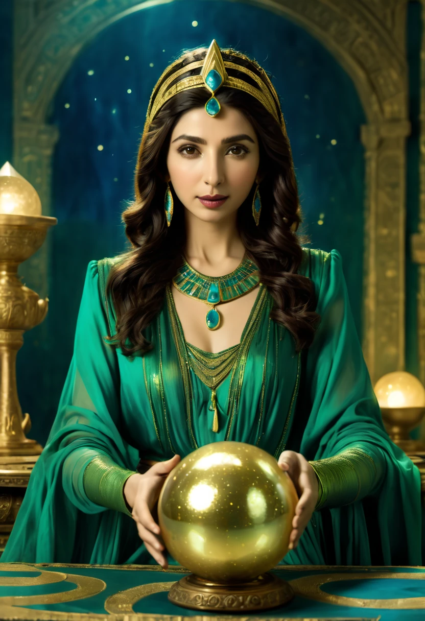 cleopatra wizard face with green dress, sitted and holding a azure ball in the hands, ahead a table, in front of end, sorcerer, mahira khan as a female wizard, glowing golden dots in the background, 1900's style photo