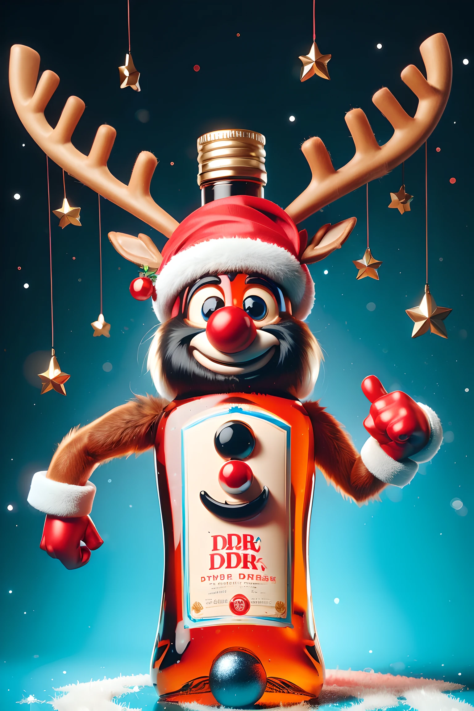(unbr1dl3dsp1r1t style: 1.4) bottle of spirits, christmas ornaments, sparkles, reindeer, snowy, floating particles, blue gradient background