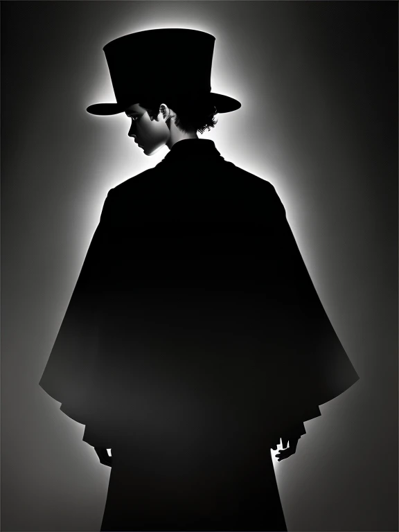 Créer une image avec un fond noir où un seul homme est présent habillé en costume et fait face à la caméra. La personne doit être vêtue de manière distinctive avec des couleurs vives, contrastant fortement avec le fond noir. Assurez-vous que la personne- est également rendue en noir, créant ainsi un contraste marqué entre la silhouette sombre de la personne et ses vêtements en monochromie. Soyez créatif et des poses pour maximiser l'impact visuel de cette composition.