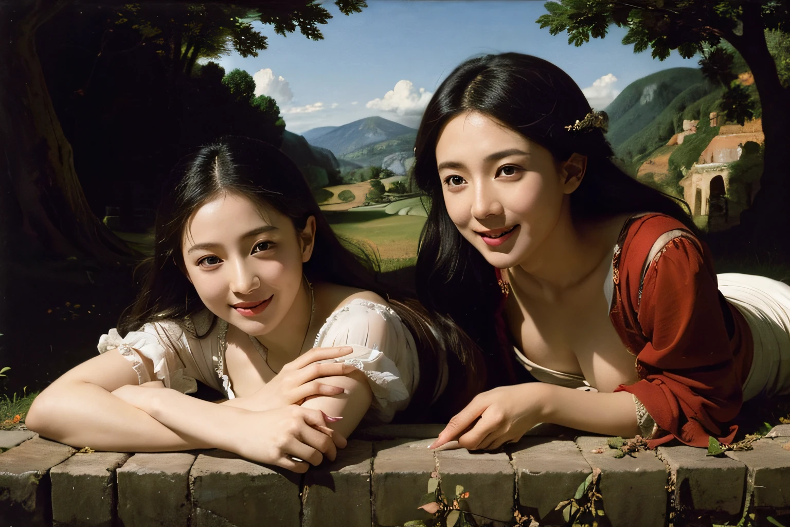 Poussin-style landscape,A smile,,Sweet and seductive appearance.、Caravaggio's paintings、Chiaroscuro of Caravaggio、Hair disheveled in the wind,Two women frolicking,Cute smile, Expression of ecstasy,A sexy,erotick