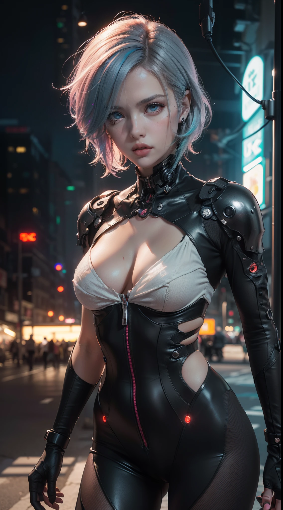 (Beautiful cyber girl)), ((Mechanical blood vessels connected to mechanical tubular vertebrae.), ((mechanical cervical attachment to the neck)), (alambres y cables que se fijan al cuello:1.2), ((masa de alambres y cables en la cabeza)), (Enfoque del personaje), (((dynamic pose))), (Obra maestra), (((La mejor calidad))), ((Ultra detallado)), (Highly detailed photorealistic CG illustration), cinematic lighting, Science-Fiction, extremadamente detallado,De color,Highest detail, Antecedentes de la ciudad cyberpunk.ojos plateados , Neon lights ,coloured hair