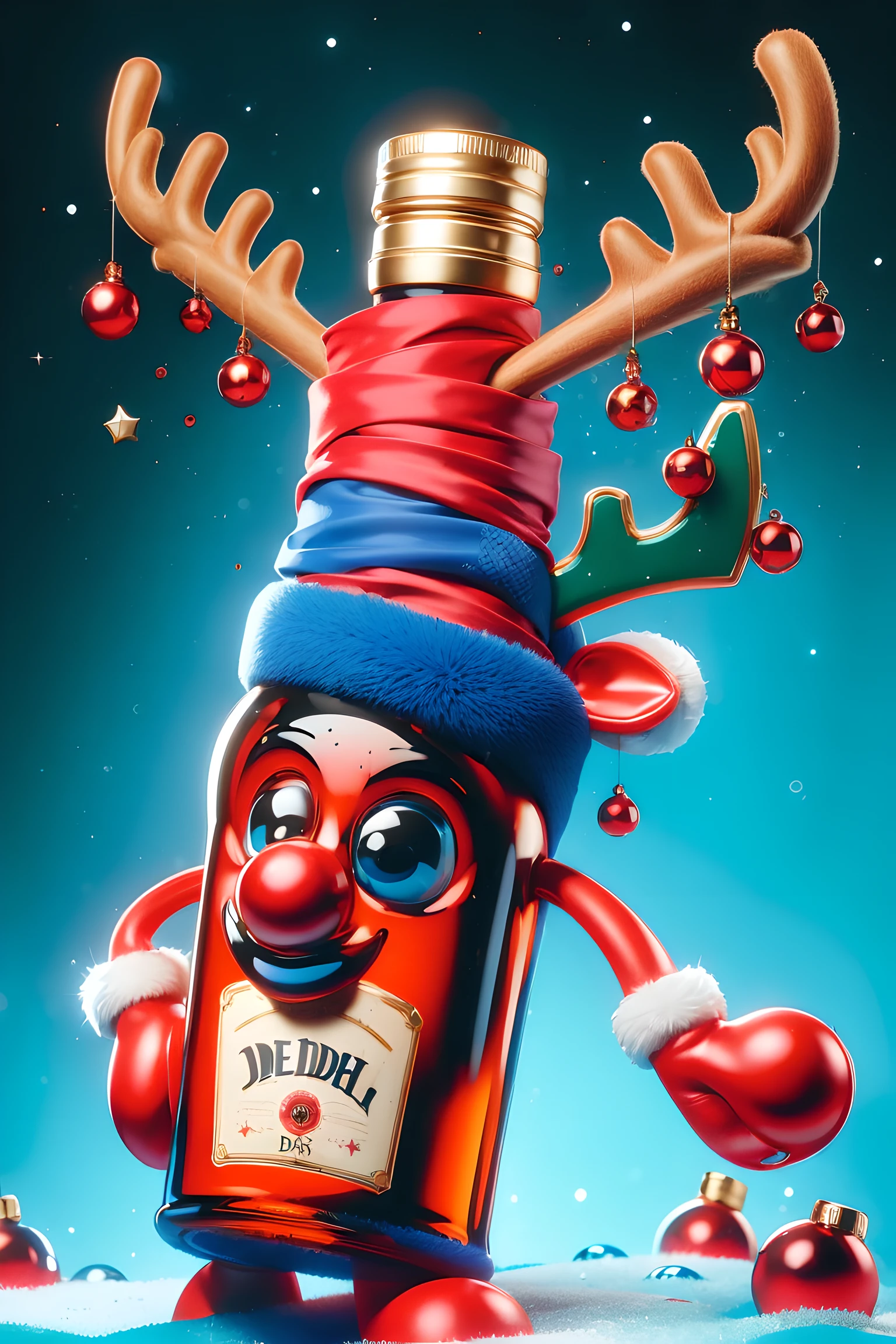 (unbr1dl3dsp1r1t style: 1.4) bottle of vodka, christmas ornaments, sparkles, reindeer, snowy, blue gradient background