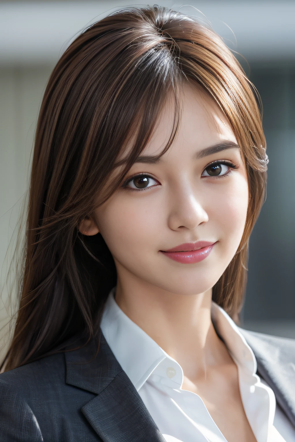 masutepiece, Best Quality, Photorealistic, Ultra-detailed, finely detail, High resolution, 8K Wallpaper, 1 beautiful woman,, light brown messy hair, in a business suit, foco nítido, Perfect dynamic composition, Beautiful detailed eyes, detailed hairs, Detailed realistic skin texture, Smiling, Close-up portrait, Model body type