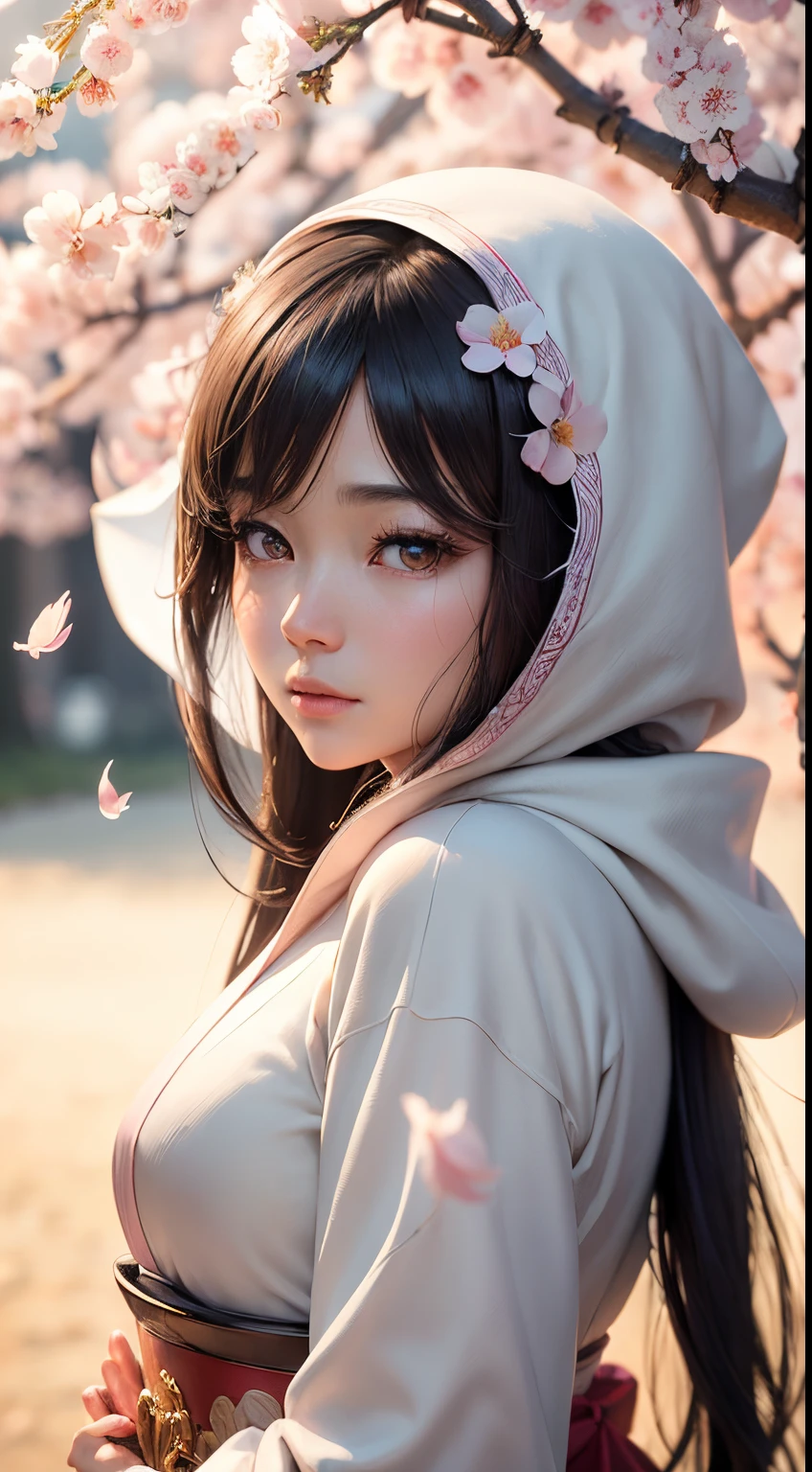 (A logo、​masterpiece、8K、masutepiece、Raw photo、Fantastic、Best Quality、Photorealistic and highly detailed CG integrated 8K wallpaper、hightquality、ighly detailed、epic poem、Particle effect、Dynamic effects、depth of fields、Cinematic Light、Lens Flare、Ray tracing)、Fantasia、 (1 beautiful woman in a white coat、robe blanche、Japanese dress、A dark-haired、Beautiful face、Real Face、beautiful details eyes beautiful skin、)、Pink cherry blossom tree、Petals flutter、Sakura blizzard、Superb view、morning glow、Sun in the background、the wind、Deities、tusk、myth、Vast Land、