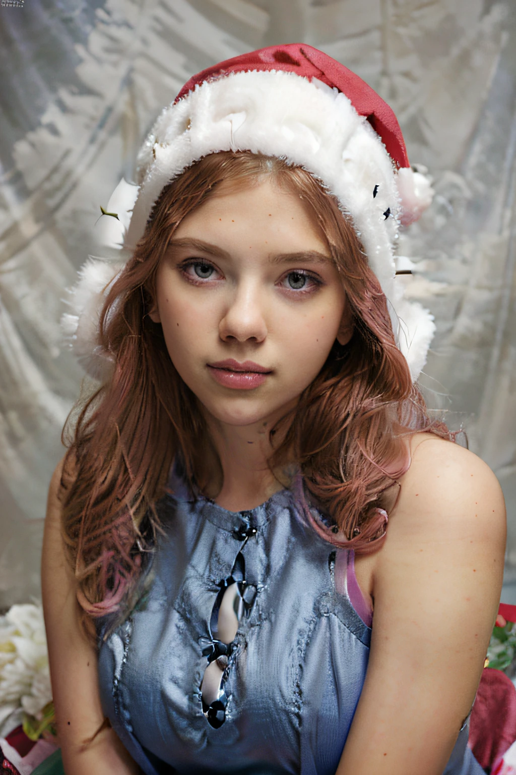 Mulher de 18 anos Seu lindo cabelo longo e rosa, she is wearing a pink Santa hat on her head, your beautiful blue eyes and natural light pink lips. Ela tem um olhar angelical, vestido longo rosa estilo festa, She&#39;s in a photography studio, tirar fotos, she is standing in front of the professional.