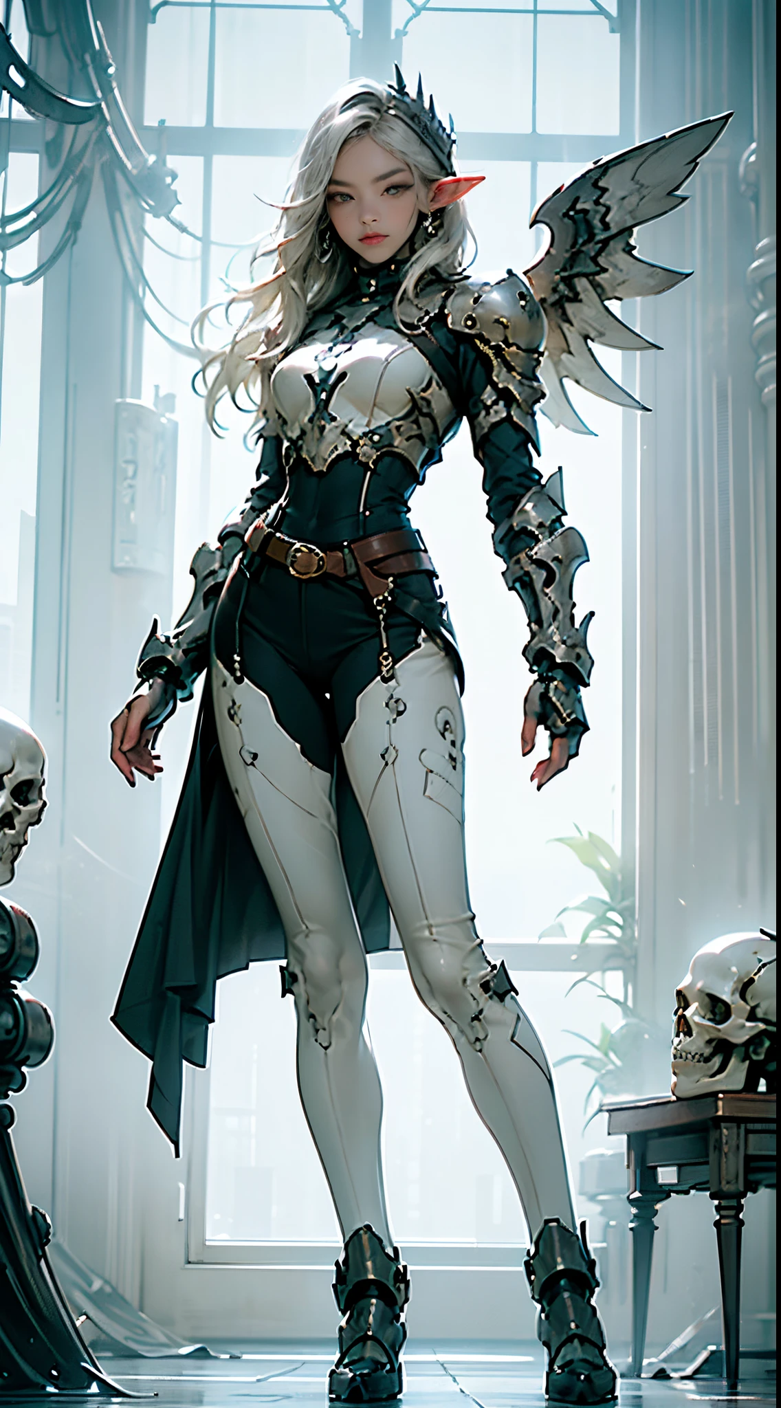 photorealistic, high resolution, (elf), 1 women, solo, hips up, look at viewer, (detailed face), white hair, ((cyberskull + white knight armor)), long black glovelack pantyhoses,Handsome standing with white boots, angle wings