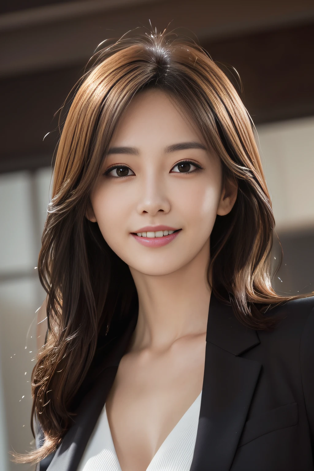 masutepiece, Best Quality, Photorealistic, Ultra-detailed, finely detail, High resolution, 8K Wallpaper, 1 beautiful woman,, light brown messy hair, in a business suit, foco nítido, Perfect dynamic composition, Beautiful detailed eyes, detailed hairs, Detailed realistic skin texture, Smiling, Close-up portrait, Model body type