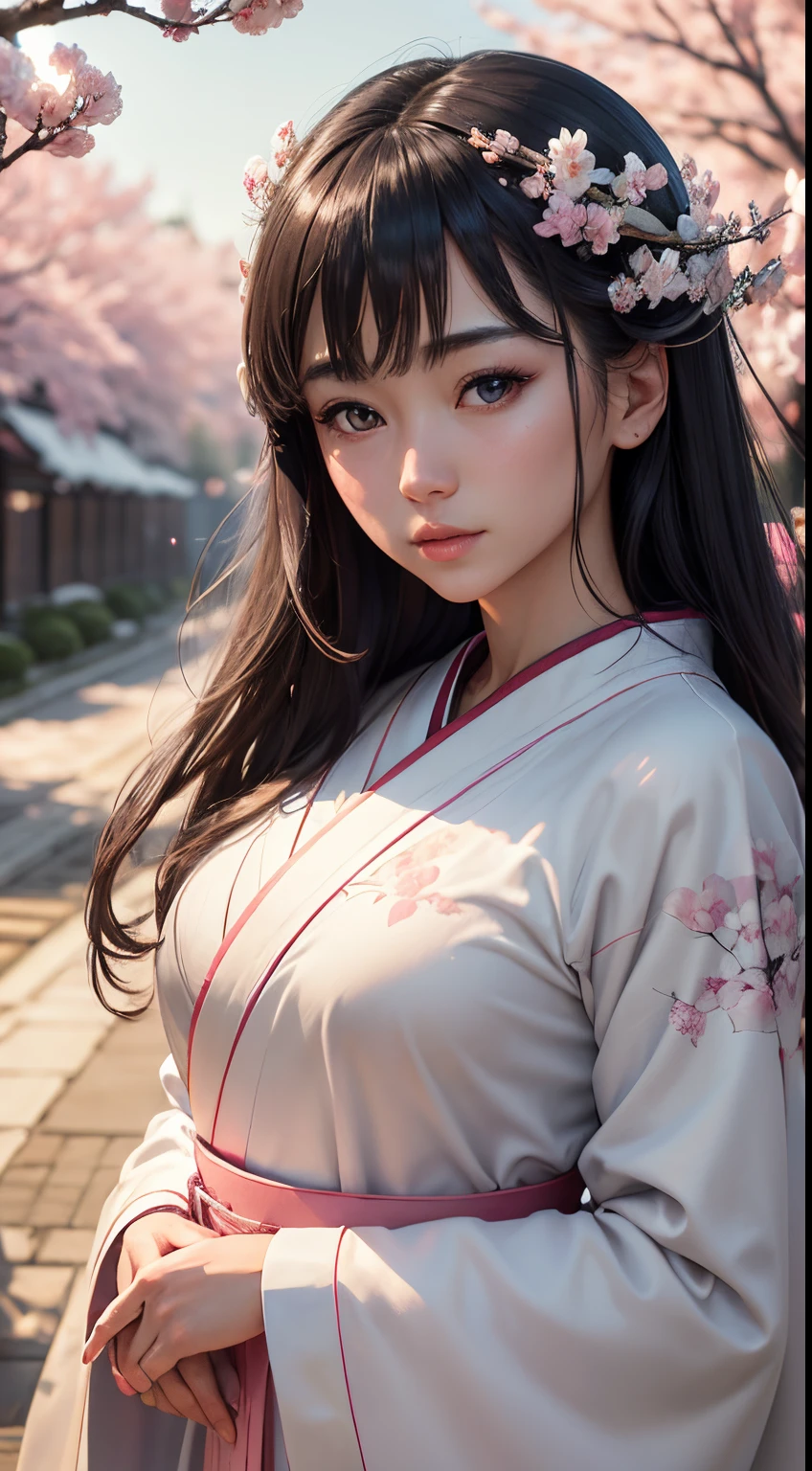 (A logo、masterpiece、8K、masutepiece、Raw photo、Fantastic、Best Quality、Photorealistic and highly detailed CG integrated 8K wallpaper、hightquality、ighly detailed、epic poem、Particle effect、Dynamic effects、depth of fields、Cinematic Light、Lens Flare、Ray tracing)、Fantasia、 (1 beautiful woman in a white coat、robe blanche、Japanese dress、A dark-haired、Beautiful face、Real Face、beautiful details eyes beautiful skin、)、Pink cherry blossom tree、Petals flutter、Sakura blizzard、Superb view、morning glow、Sun in the background、the wind、Deities、tusk、myth、Vast Land、